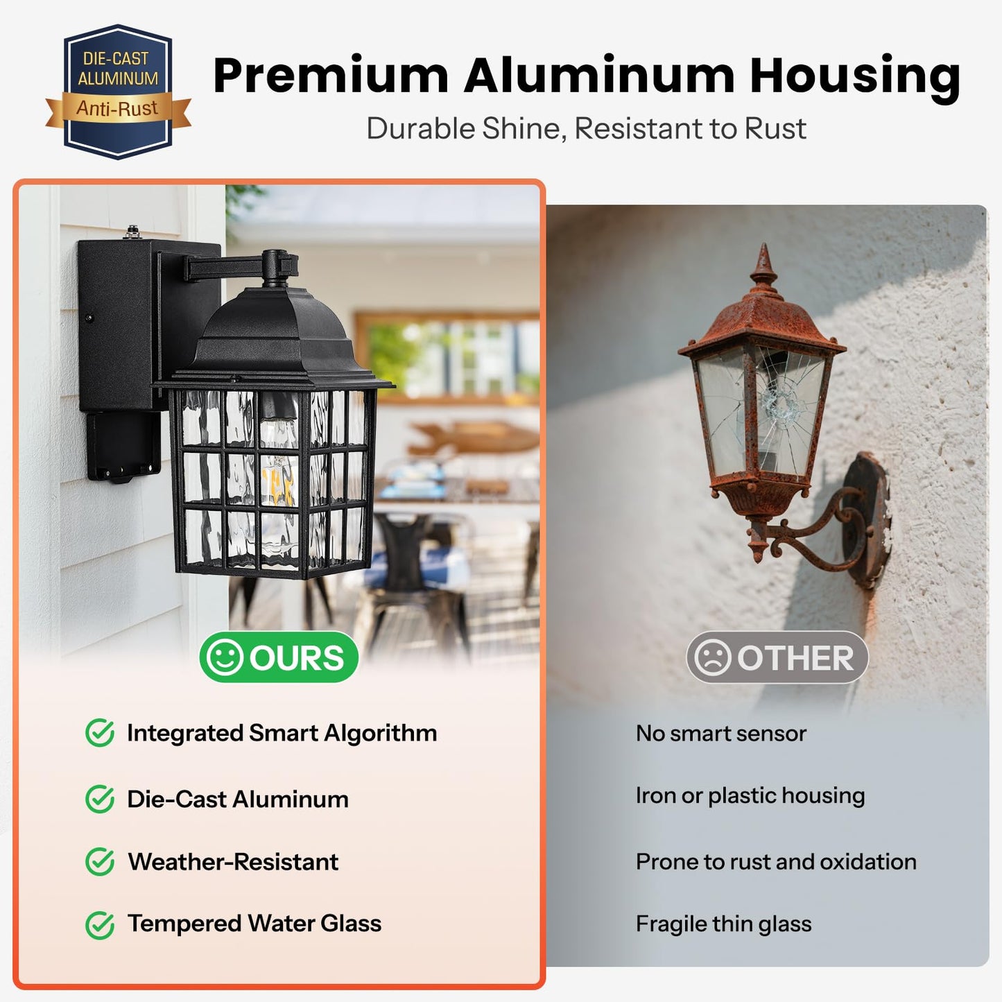 Gleamz Dusk to Dawn Outdoor Porch Light with GFCI Outlet, Modern Black Exterior Lighting Fixtures Wall Mount for House, Anti-Rust Outdoor Wall Sconce Lantern for Garage Coach with Water-Ripple Glass