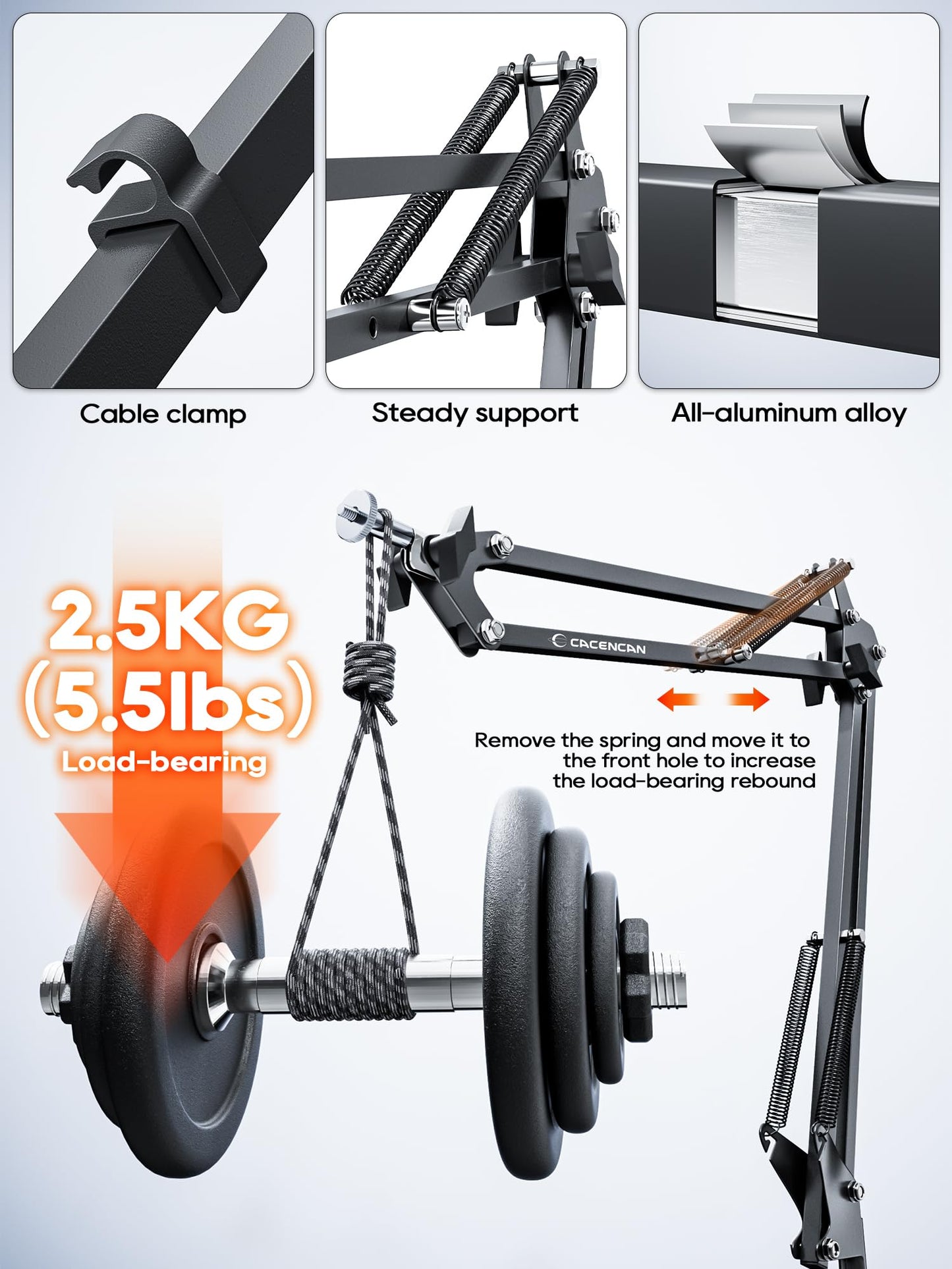 CACENCAN Overhead Camera Mount, 5lb Horizontal Load-Bearing, 360° Adjustable Stand for Desk, Flexible Camera Arm Desk Mount, with Phone Clamp, Tabletop Mount for DSLR Camera/Webcam/Microphone