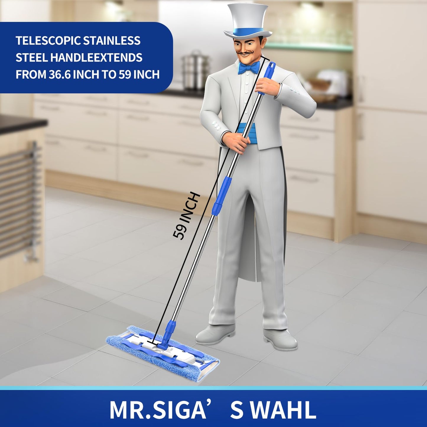 MR.SIGA Professional Microfiber Mop for Hardwood, Laminate, Tile Floor Cleaning, Stainless Steel Handle - 3 Reusable Flat Mop Pads and 1 Dirt Removal Scrubber Included