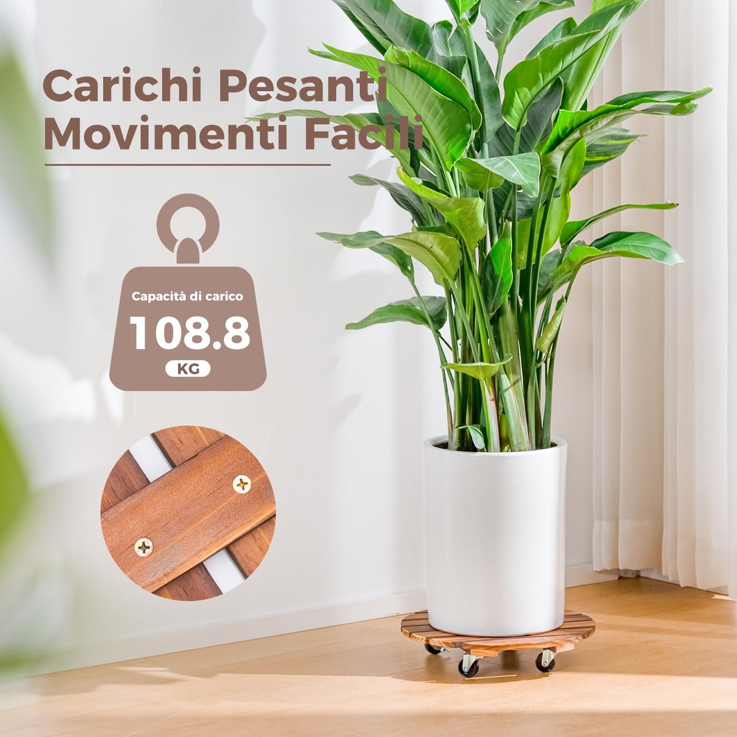 Bamworld 2-Pack 14 Inch Wood Plant Caddy with Wheels – Heavy-Duty Plant Dolly with 240 Lbs Capacity, 360° Lockable Wheels for Large Plant Pots, Heavy Objects, Ideal for Indoor and Outdoor Use