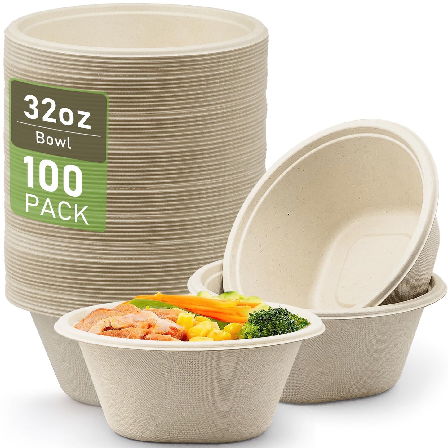 Disposable Paper Bowls 32oz Heavy Duty, 100 Pack Eco-Friendly Compostable Bowls, Party Serving Bowls for Salad, Ice Cream, Dessert and Hot Soup, Biodegradable Bowls Made of Sugarcane (Nature)