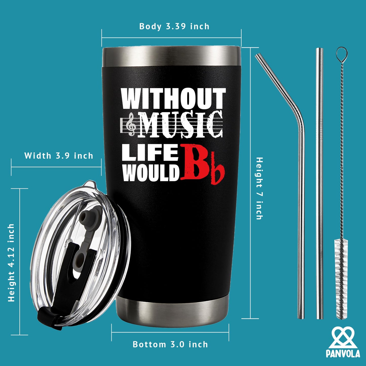 Without Music Life would B Flat Vacuum Insulated Tumbler Music Teacher Gifts Musicians Choir Director Pianist Guitarist Travel Mug With Lid Straw (20 oz)