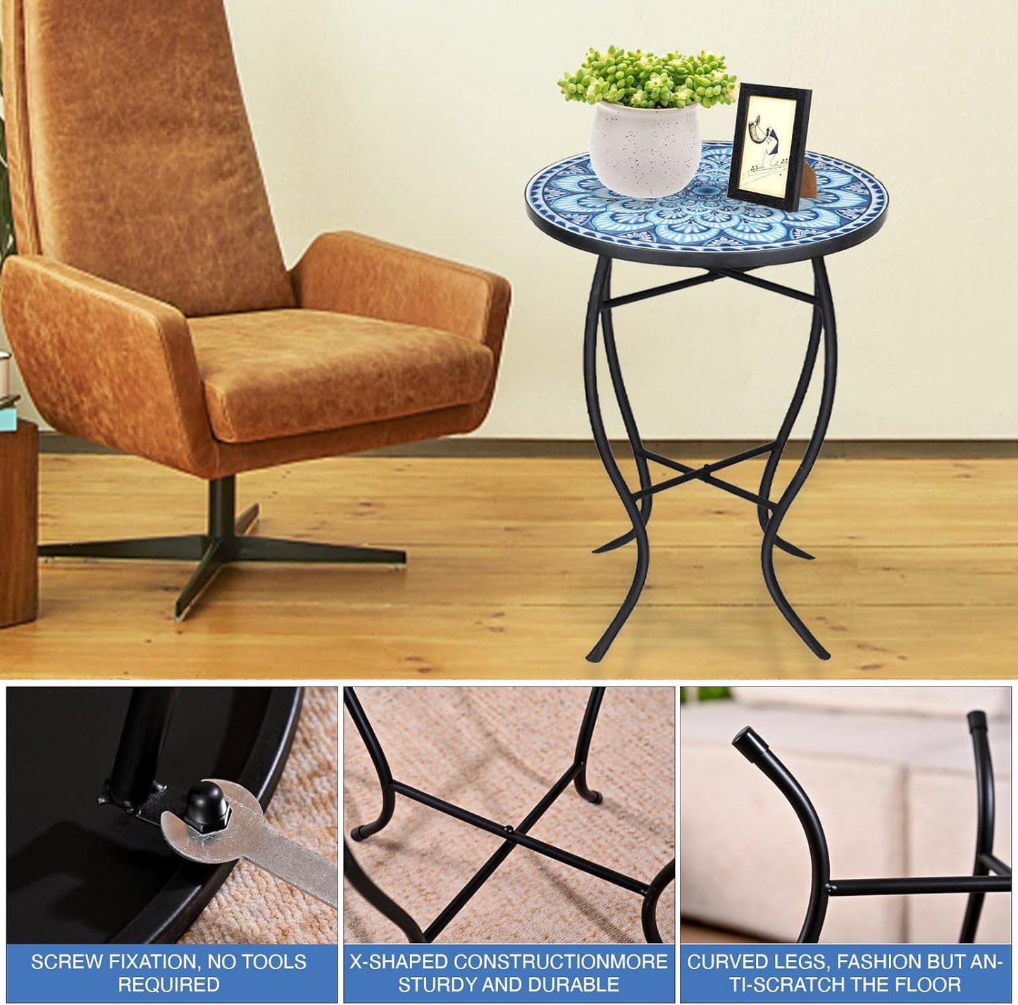 17" Tall Patio Side Table, 14 Inch Round Side Table, Weather Resistant Anti-Rust Metal Indoor Outdoor Side Table for Patio Yard Porch Balcony Garden Bedside, Blue