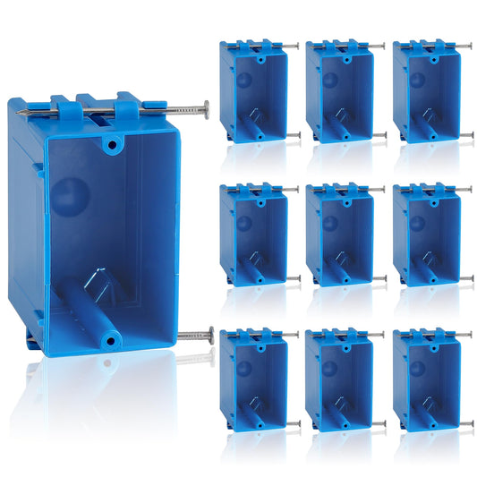 10-Pack Single Gang Electrical Box, New Work Box 1 Gang with Nail, 18 cu. in, Blue Switch & Outlet PVC Wall Electrical Junction Box for Residential Commercial Buildings Job Applications