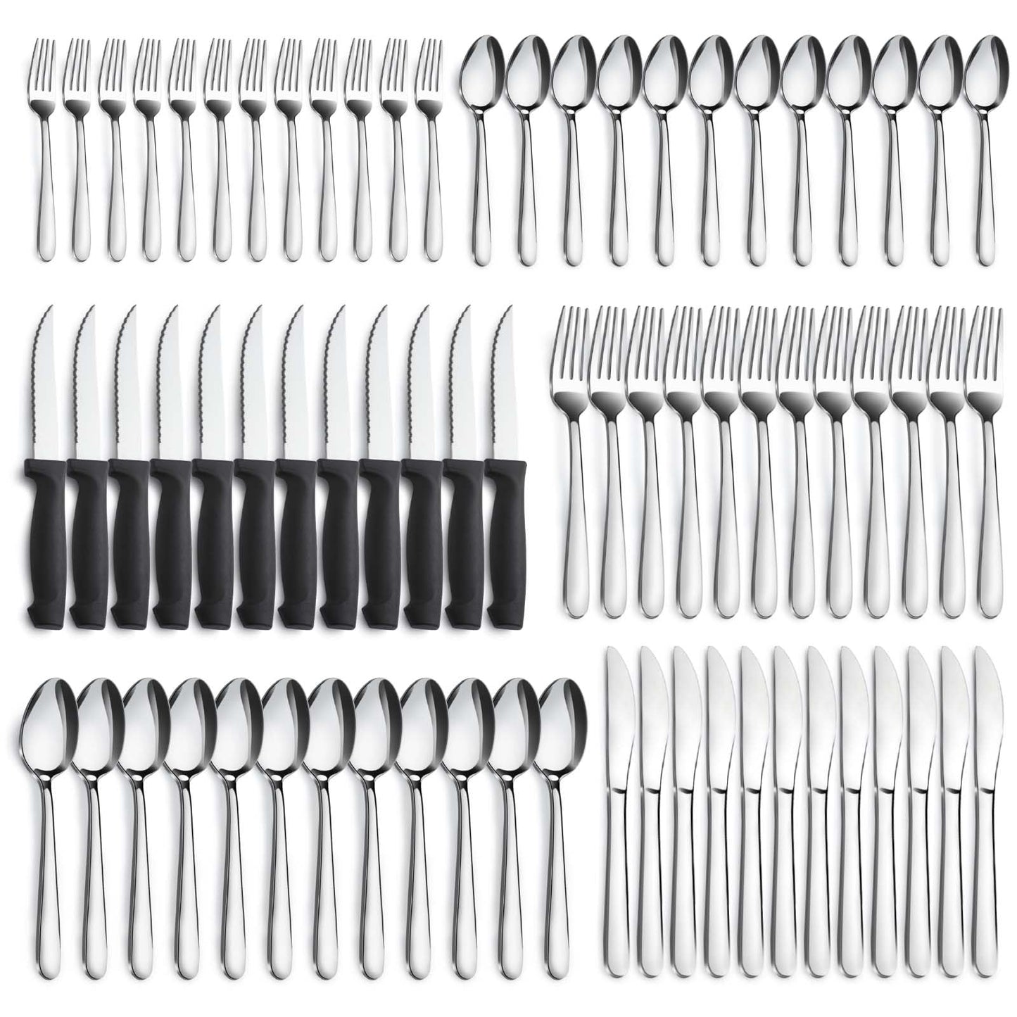Pleafind 72-Pcs Cutlery Set, Silverware Sets with Steak Knives, Stainless Steel Flatware Set, Cutlery Include Knife Fork and Spoon, Dishwasher Safe Utensil Sets for Home Restaurant