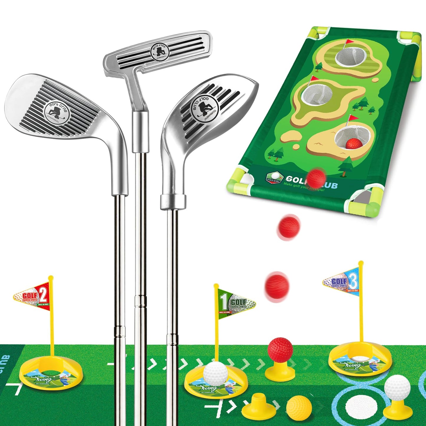 Liberry Kids Golf Set Aged 3 4 5 6 for Boys Girls, Retractable Toddler Golf Clubs Set with Putting Mat & Cornhole Board, Outdoor Indoor Sports Toy Birthday Gifts