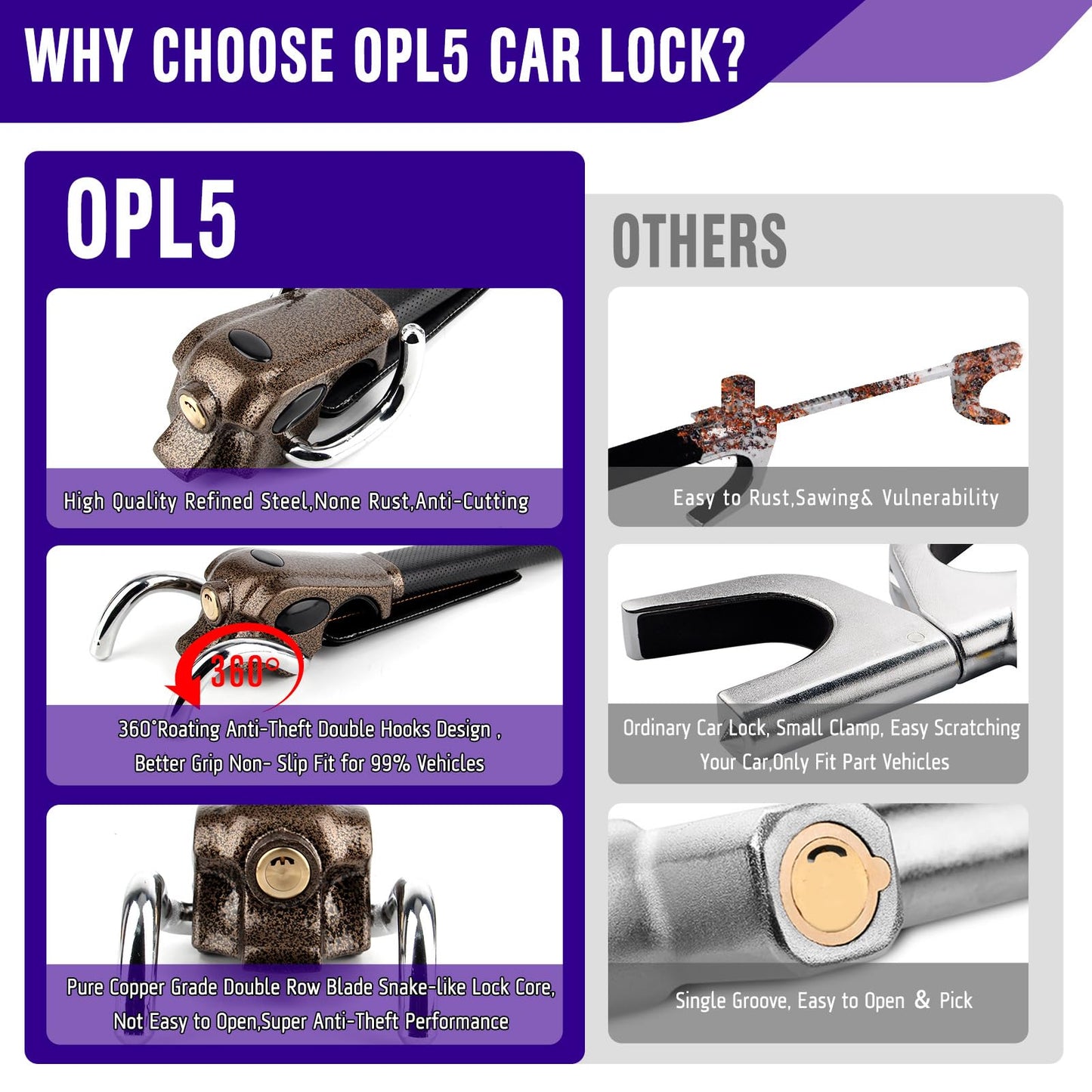 OPL5 Car Steering Wheel Lock, Universal Anti-Theft Locking Devices,Heavy Duty Great Deterrent Adjustable Security Car Lock for Auto Truck SUV Van Wheel Lock with 3 Keys