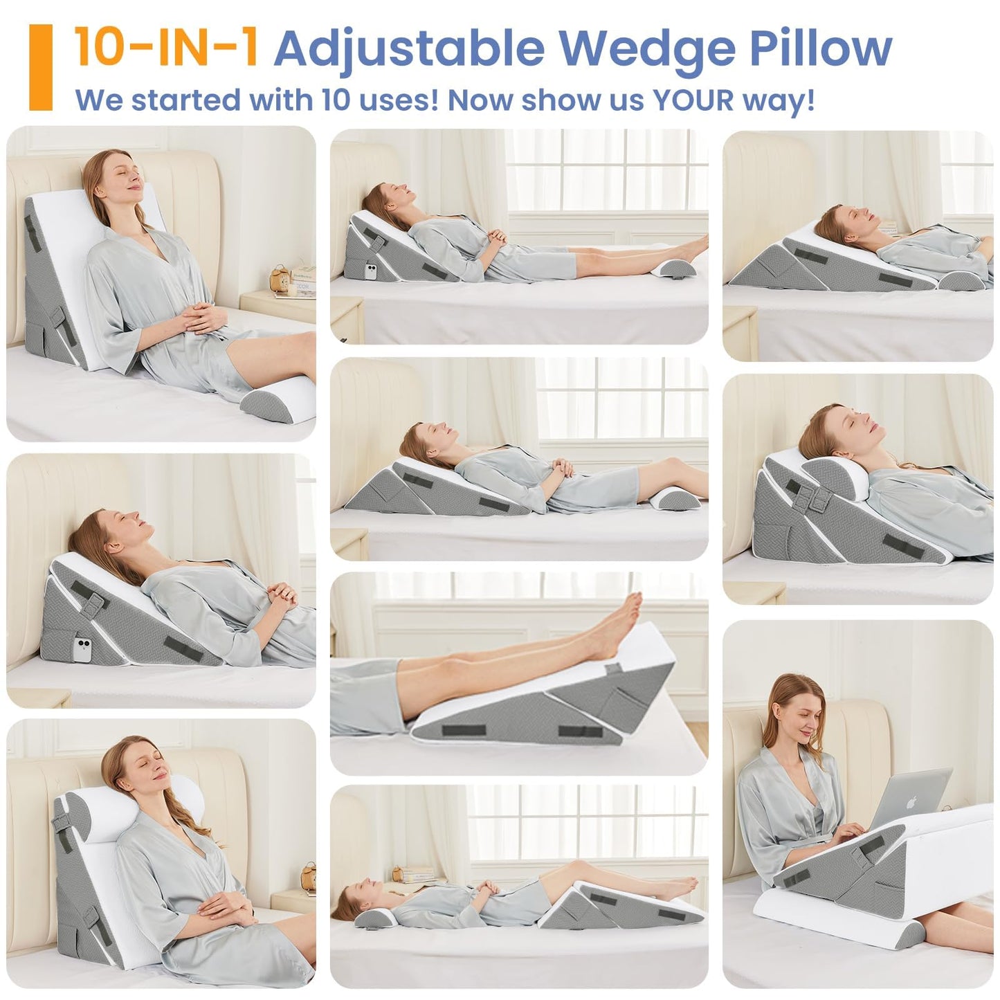 Sasttie Wedge Pillows for Adult, 3PCS Adjustable Bed Wedge Pillow for Post Surgery, Triangle Pillow Headboard with Bolster Cushion for Sleeping, Acid Reflux, Neck & Back Support, White and Dark Grey