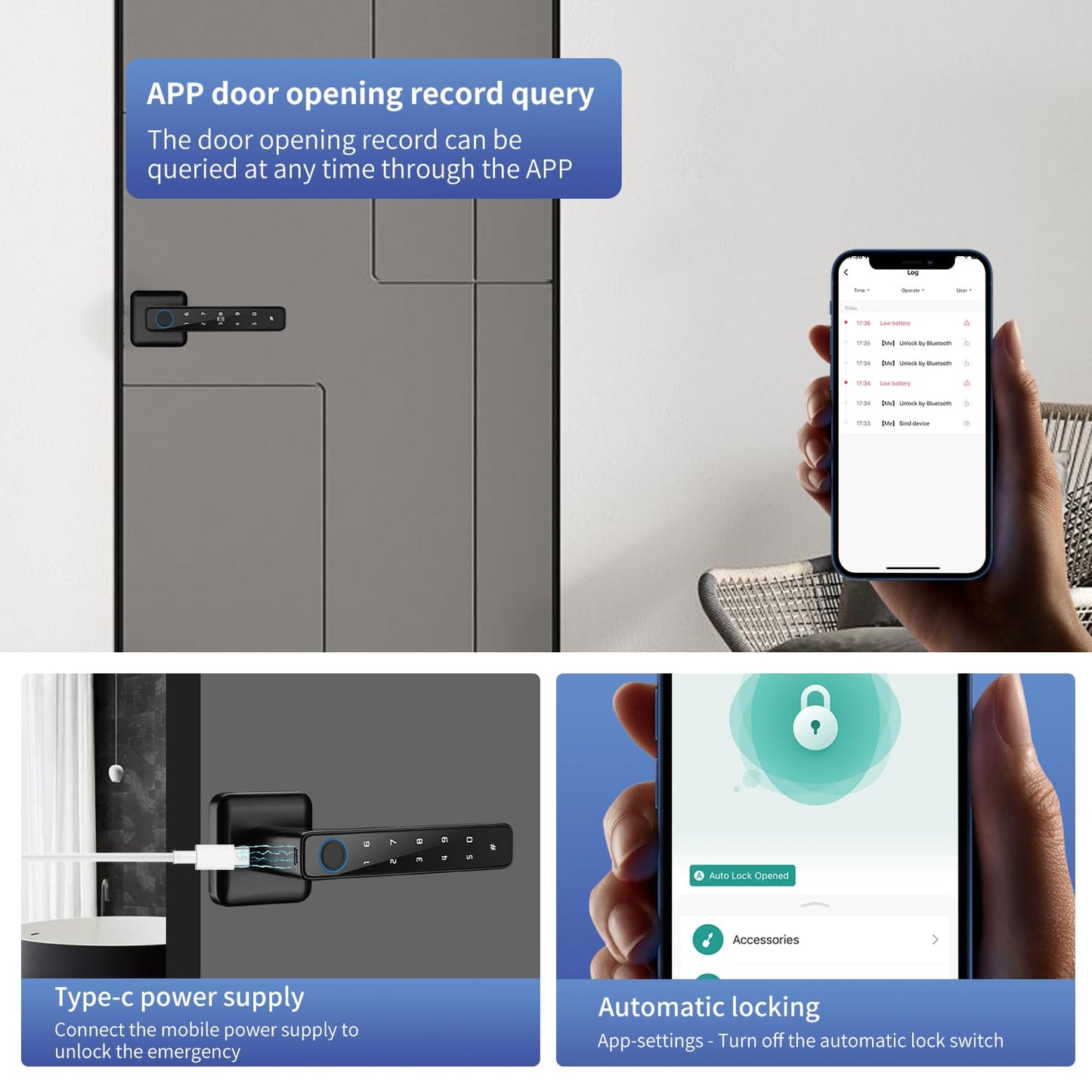 ACDOKE Smart Lock 4 in 1, Fingerprint Door Lock Set with Bluetooth Control, Keyless Entry Door Knob with APP/Code/Keys/Fingerprint, Electronic Keypad Lock Reversible Handle