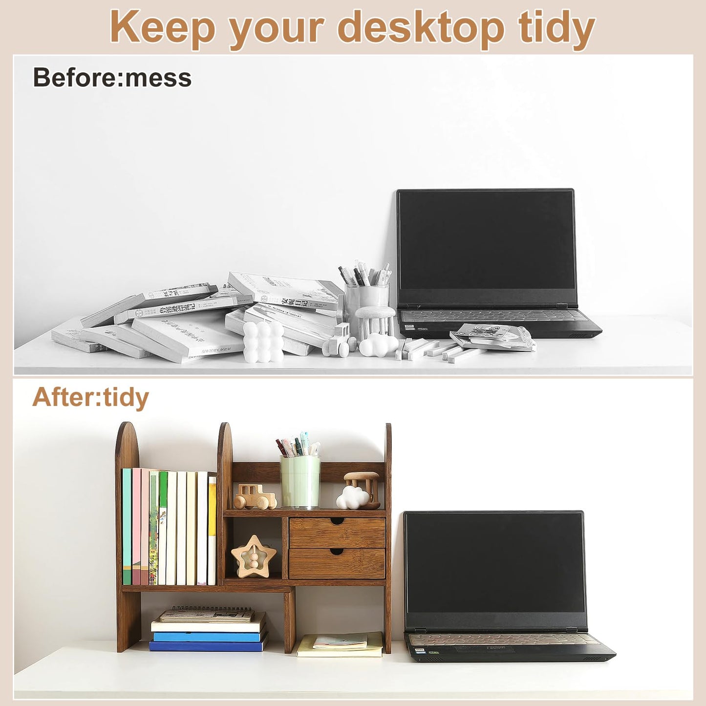 Sunhoo Desktop Bookshelf Organizer Adjustalbe Desk Shelf with Drawers Bedroom Bamboo Shelves Expandable Countertop Bookcase Standing Shelf for Office Supplies Seasoning Plants Books