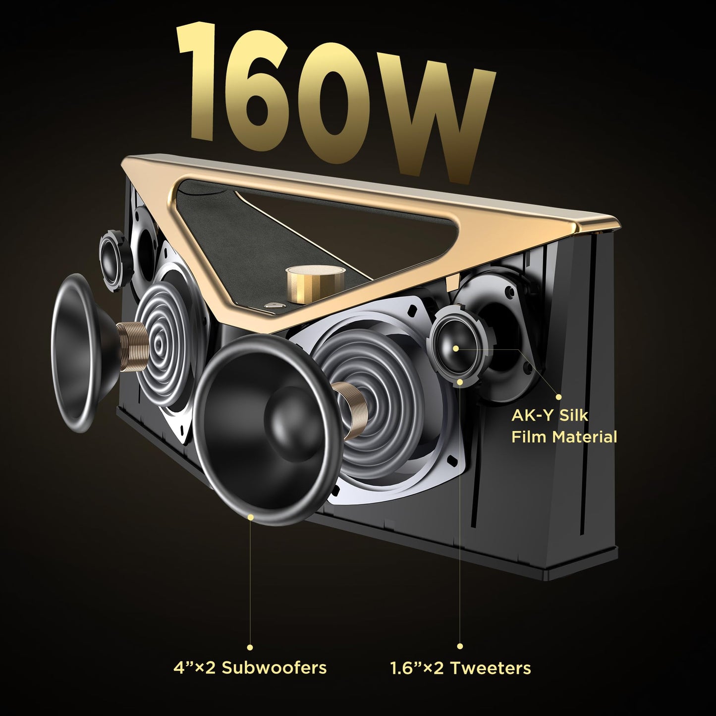 BUGANI Bluetooth Speaker Loud 160W,Waterproof Large Bluetooth Speaker Subwoofer Hi-Res Audio, 1-6H Playtime Party Outdoor Speakers for Camping, Beach, Golden