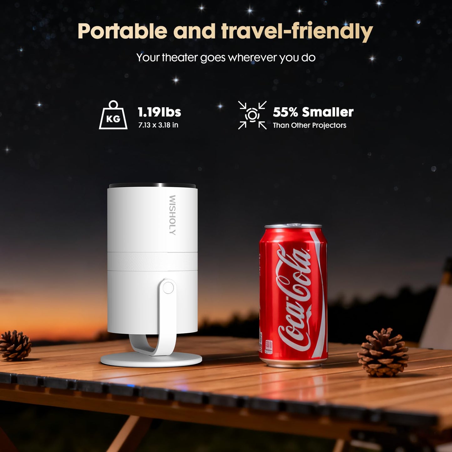 WISHOLY 1080P Mini Projector with WiFi 6 and Bluetooth [Built-in App & Electric Focus] Portable Outdoor Projector, 180° Rotatable Short Throw Movie Projector Compatible with Smartphone, HDMI, USB