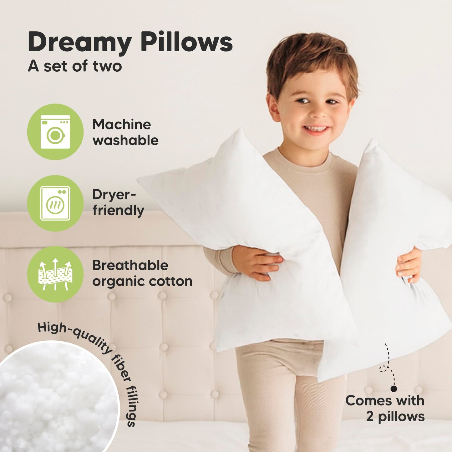 KeaBabies 2-Pack Toddler Pillows 2 Year Old to 5-13x18 Soft Organic Cotton Kids Pillow for Sleeping, Travel, School, Daycare, Nap, Toddler Bed, Machine Washable, Without Pillowcase(Soft White)