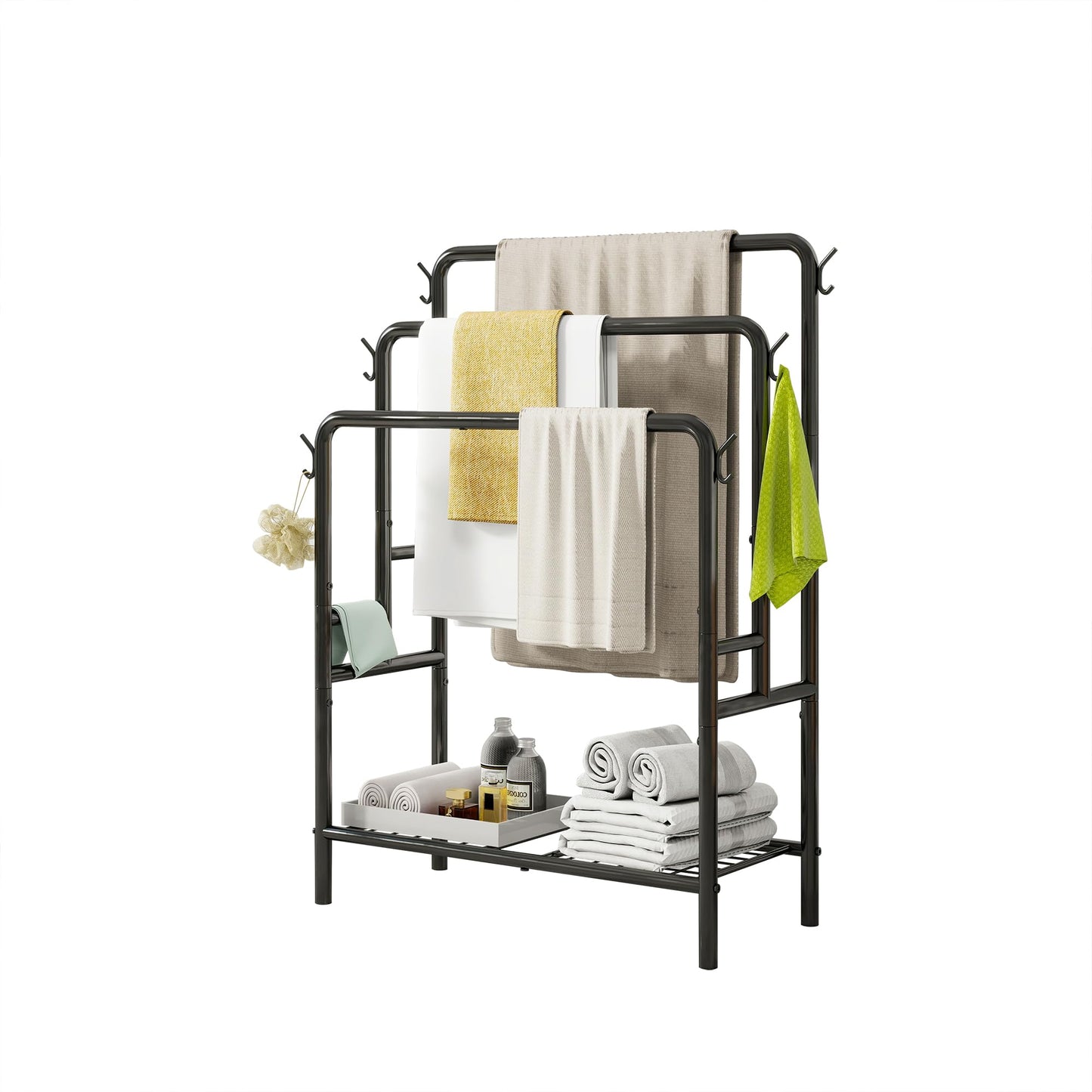 VERFARM Freestanding Towel Rack, 3 Tier Towel Rail Metal Towel Holder Drying Stand with Storage Shelf, Blanket Holder, 6 Hooks, for Bathroom Accessories Organizer, Bath & Hand Towels Storage, Black