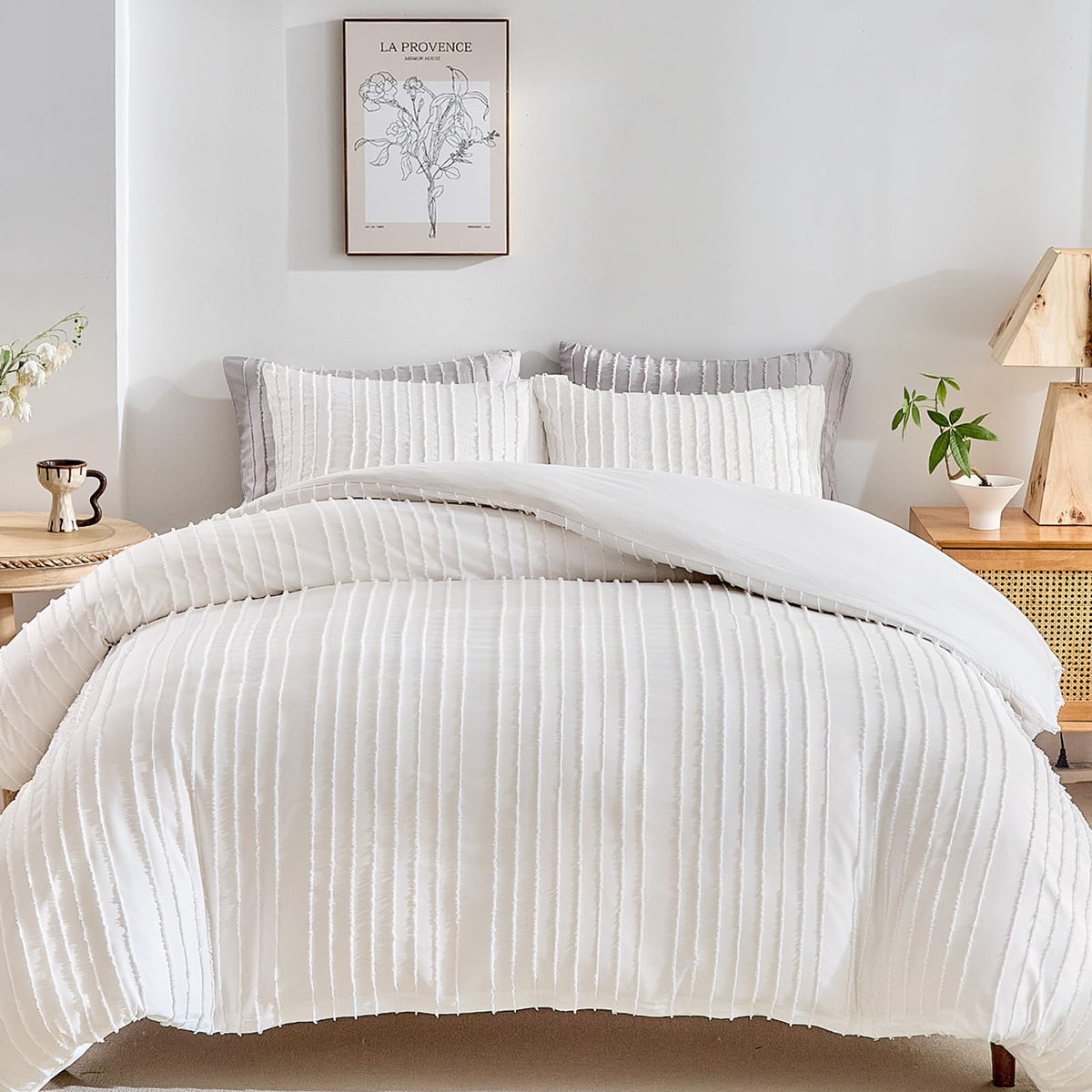 WARMDERN White Boho Duvet Cover Set King Size, Striped Textured Duvet Cover Tufted Bedding Set, 3 Pcs Ultra Soft Washed Microfiber Duvet Cover with Zipper Closure (King, White)
