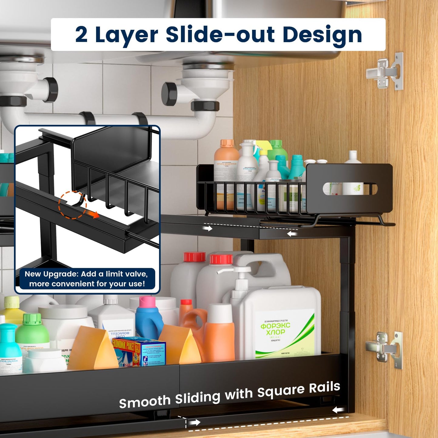 Under Sink Organizer, 2 Tier Expandable Pull Out Cabinet Organizer, Bathroom Organizers, Slide Out Organizer for Kitchen, Bathroom, Pantry & Closet, Kitchen Organizers and Storage (Black)