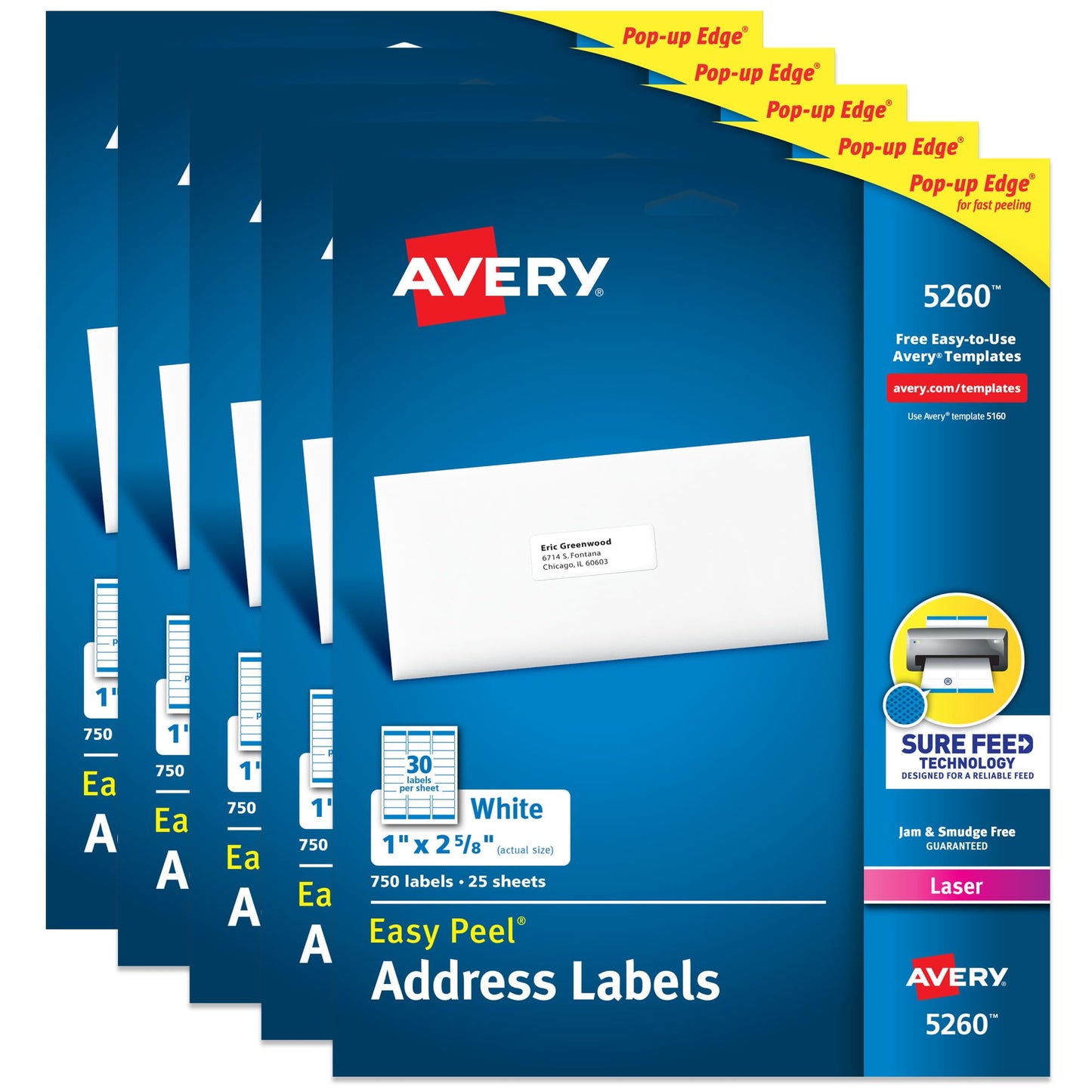 Avery Easy Peel Address Labels for Laser Printers , 1" x 2-5/8", Case Pack of 5 (5260)