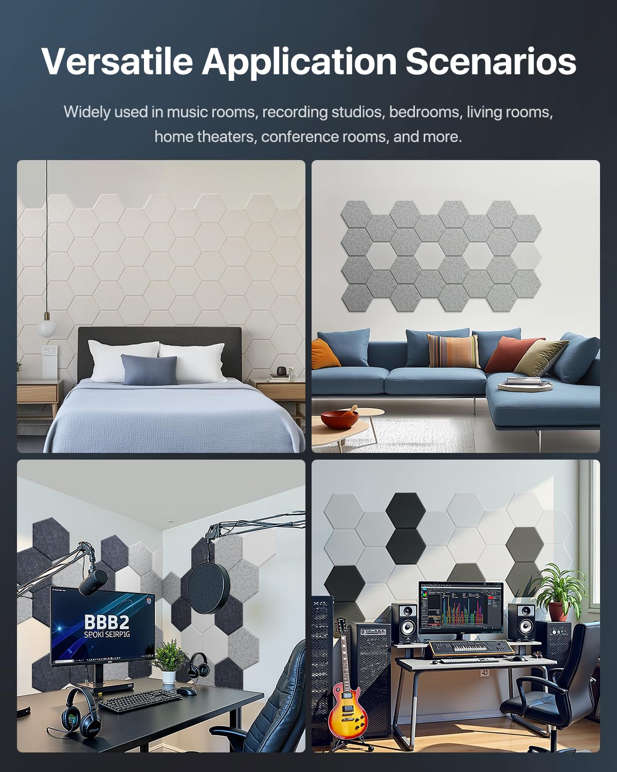 Sound Proof Panels Hexagon Self-Adhesive Acoustic Panels 12 Pack High Density Soundproofing Panels Beveled Edge for Studios/recording room/offices acoustic treatment and wall decoration 12"×10"×0.4"