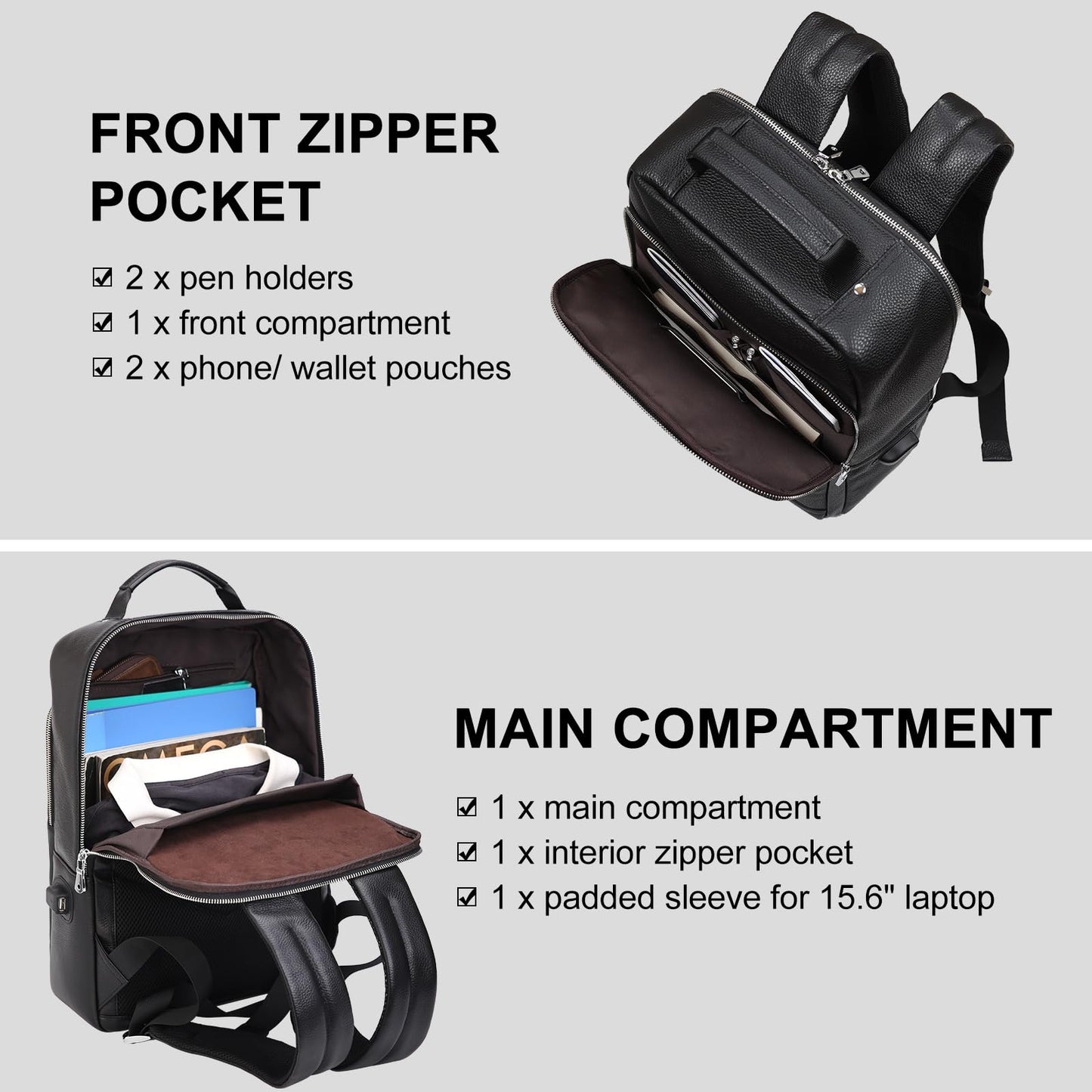 TIDING Leather Business Backpack for Men Women 15.6 Inch Laptop Work Bag College Casual Office Daypack with USB Charging Port