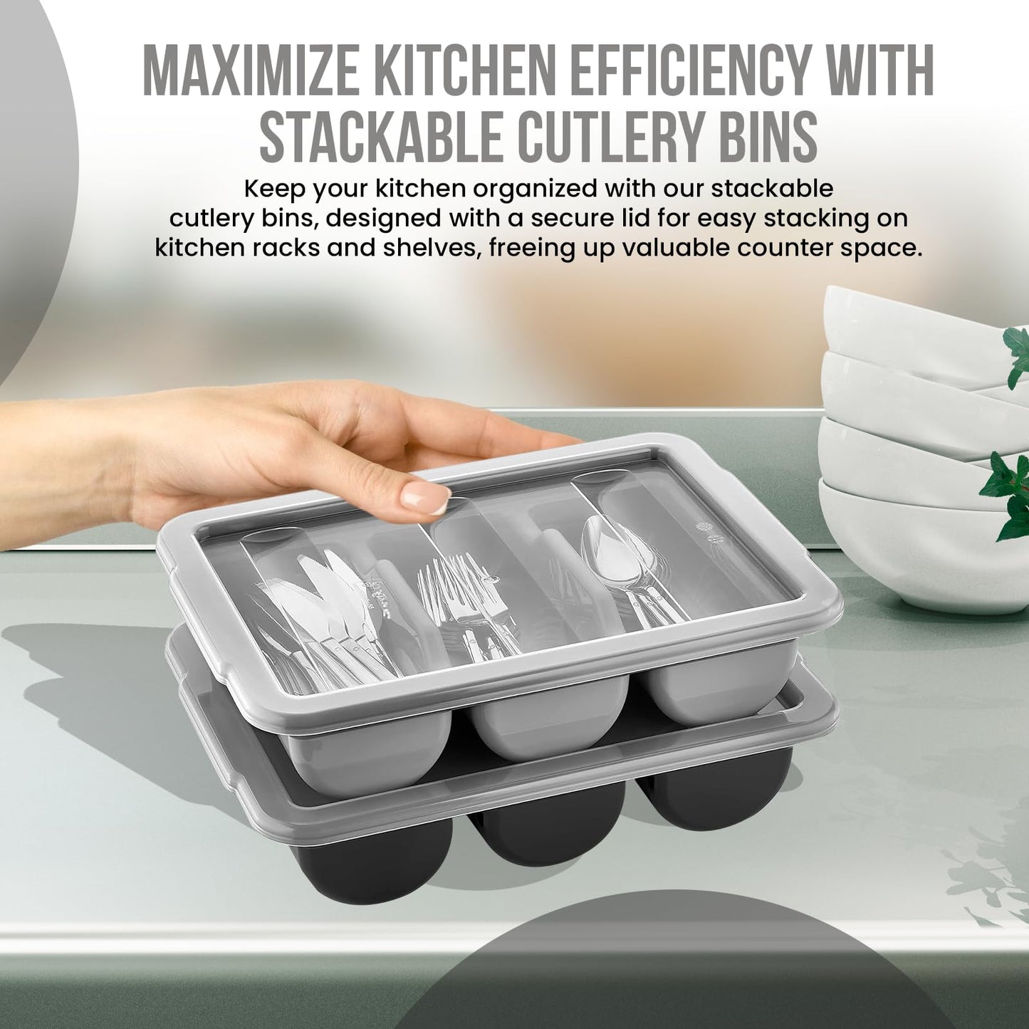 2 Pack - Cutlery Bin with Lid, Commercial 3-Compartment Flatware Tray with Cover, Large Silverware Divided Storage Plastic Container, Restaurant Condiments Holder, Covered Utensil Organizer Box, Brown