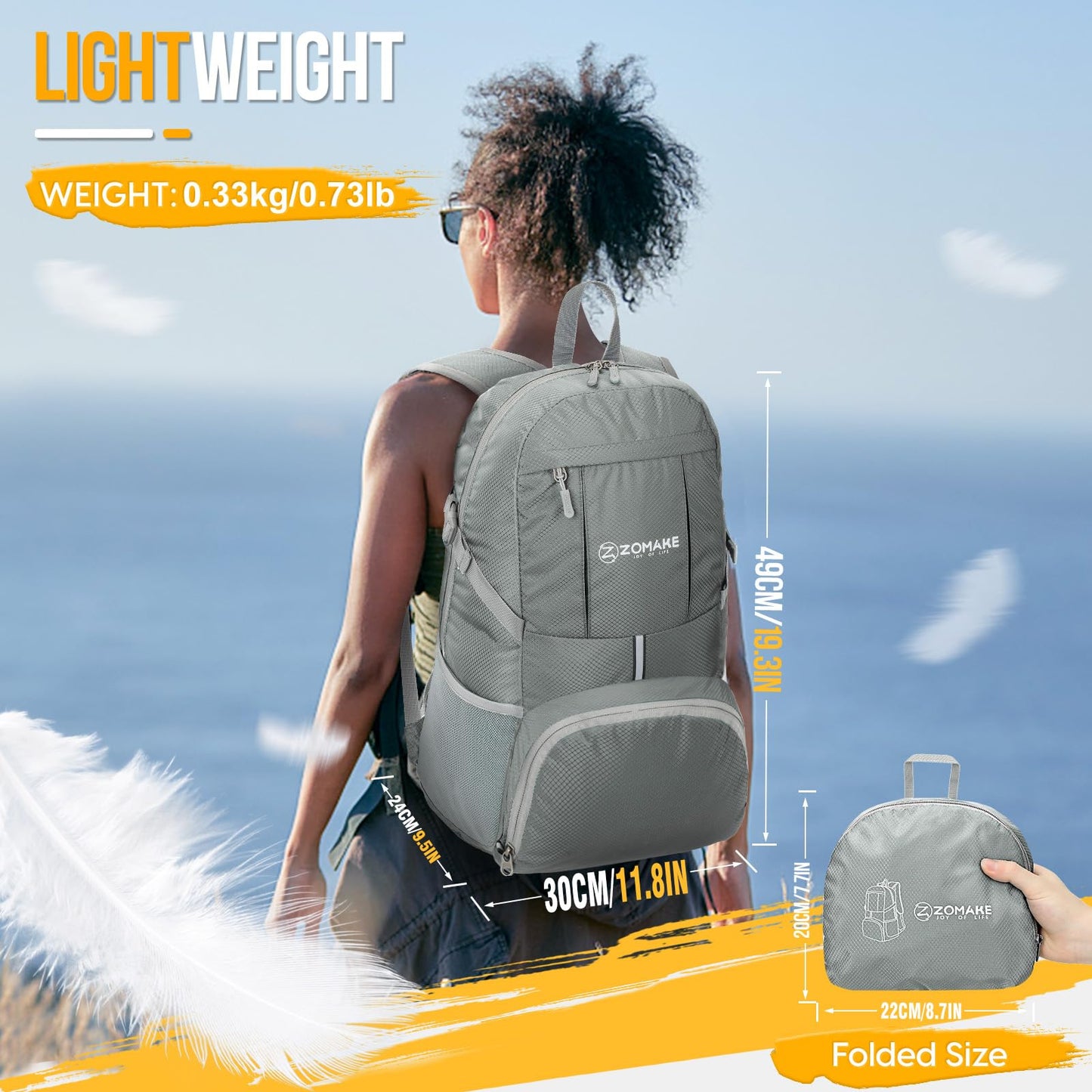 ZOMAKE Packable Hiking Backpack 35L, Water Resistant Lightweight Foldable Backpacks Daypack for Outdoor Hiking Women Men(Sliver Grey)