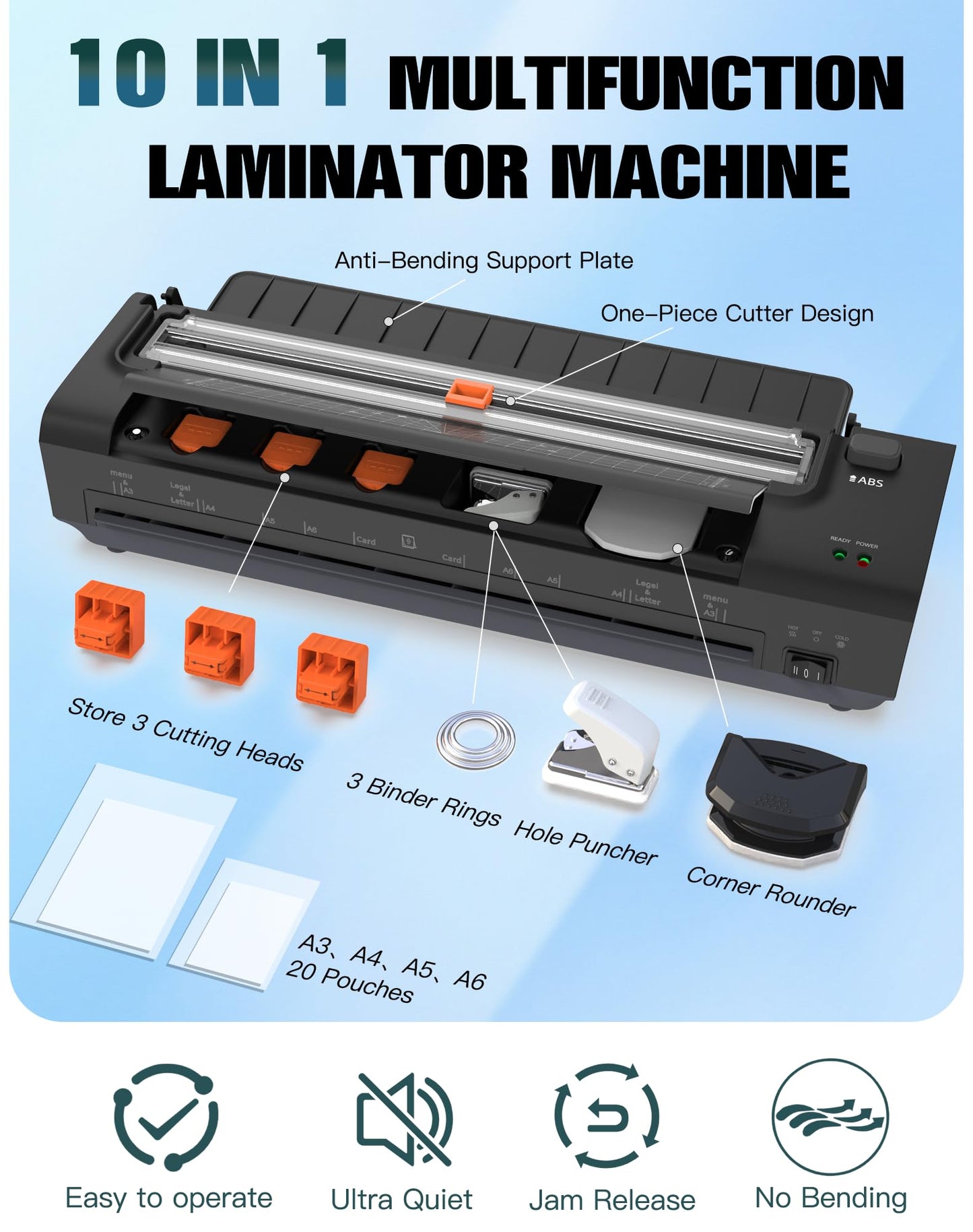 13 Inch Laminator Machine with Auto Paper Feed, Never Jam A3 Thermal & Cold Lamination, 20 Laminating Sheets, 10-in-1 Laminator with Cutter, Trimmer & Corner Rounder for Office School Home Use（Black）