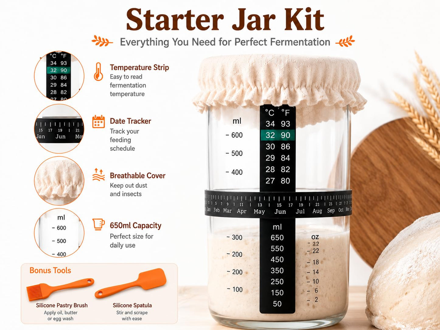 Sourdough Bread Starter Kit, 15-Piece Banneton Proofing Basket Set with Round & Oval Bread Baskets, 600ml Starter Jar, Dough Whisk, Bread Lame, Silicone Mat, Stencils and Bread Bags for Beginners
