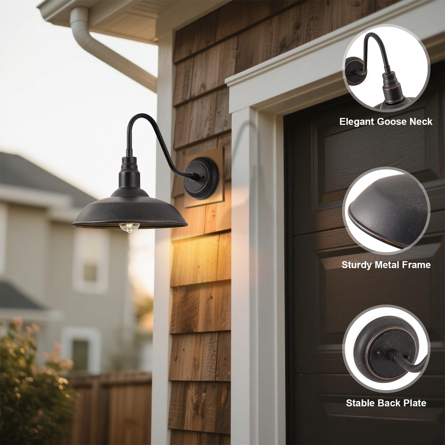 GOALPLUS Gooseneck Outdoor Light Fixture, 10" Dome Exterior Farmhouse Lights for Barn, Bronze Porch Lighting, Gooseneck Wall Sconce for Patio Garage House