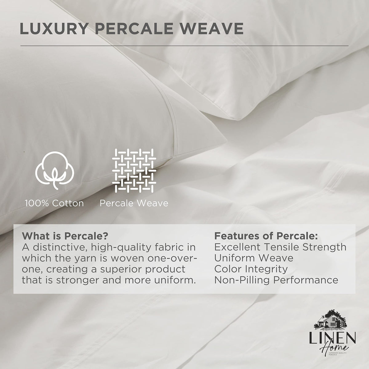 Linen Home 100% Cotton Percale Weave Fitted Sheet, Twin Size, White, 1 Deep Pocket Fitted Sheet, Fits Mattress Upto 16" Crisp and Cool Strong Bed Linen, 39"X75"+15"