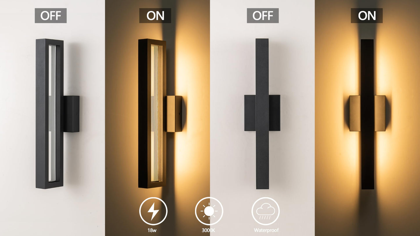 OUPAVOCS Outdoor Light Fixture LED, Black Porch Lights Wall Mount, Modern Outdoor Wall Lights, 18W Exterior LED Wall Sconce with Ribbed Glass, Waterproof Patio Light Fixture for House, Garage