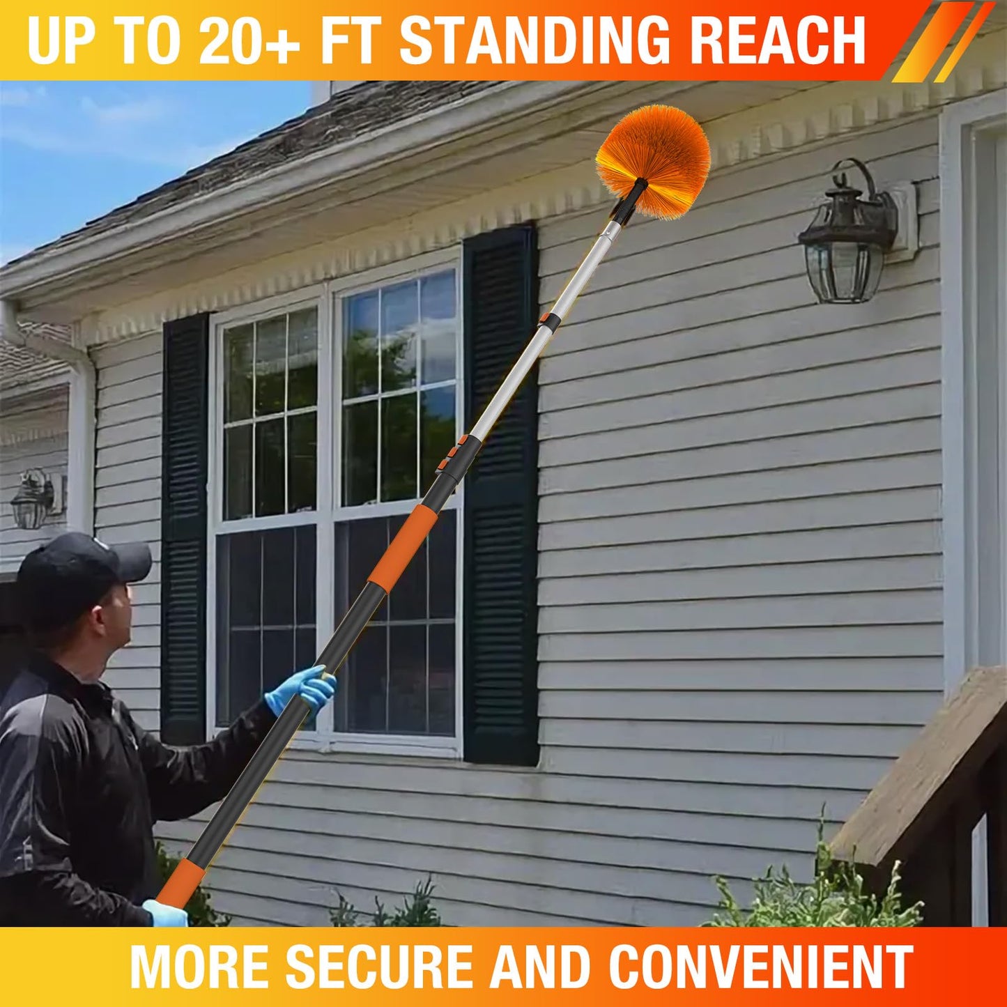 LAANPOLE 20FT (26FT Reach) Cobweb Duster with Extension Pole, Spider Web Brush for Cleaning Extendable, Professional Ceiling and Corner Dusters for Outdoor Indoor Use