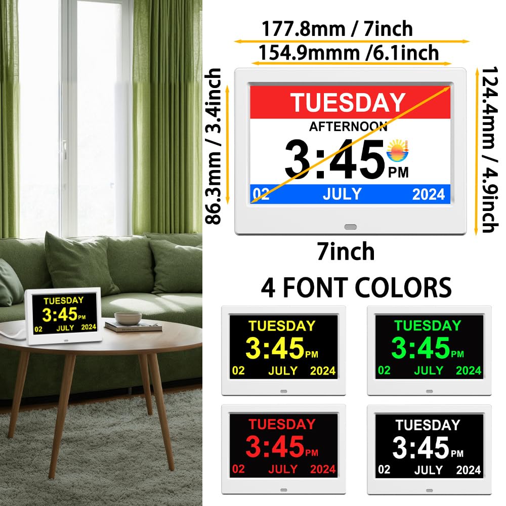 Alarm Clock with Day and Date for Elderly Digital Calendar Clock Photo Frame- Auto Dimmable Display 15 Alarm Options (7inch White)
