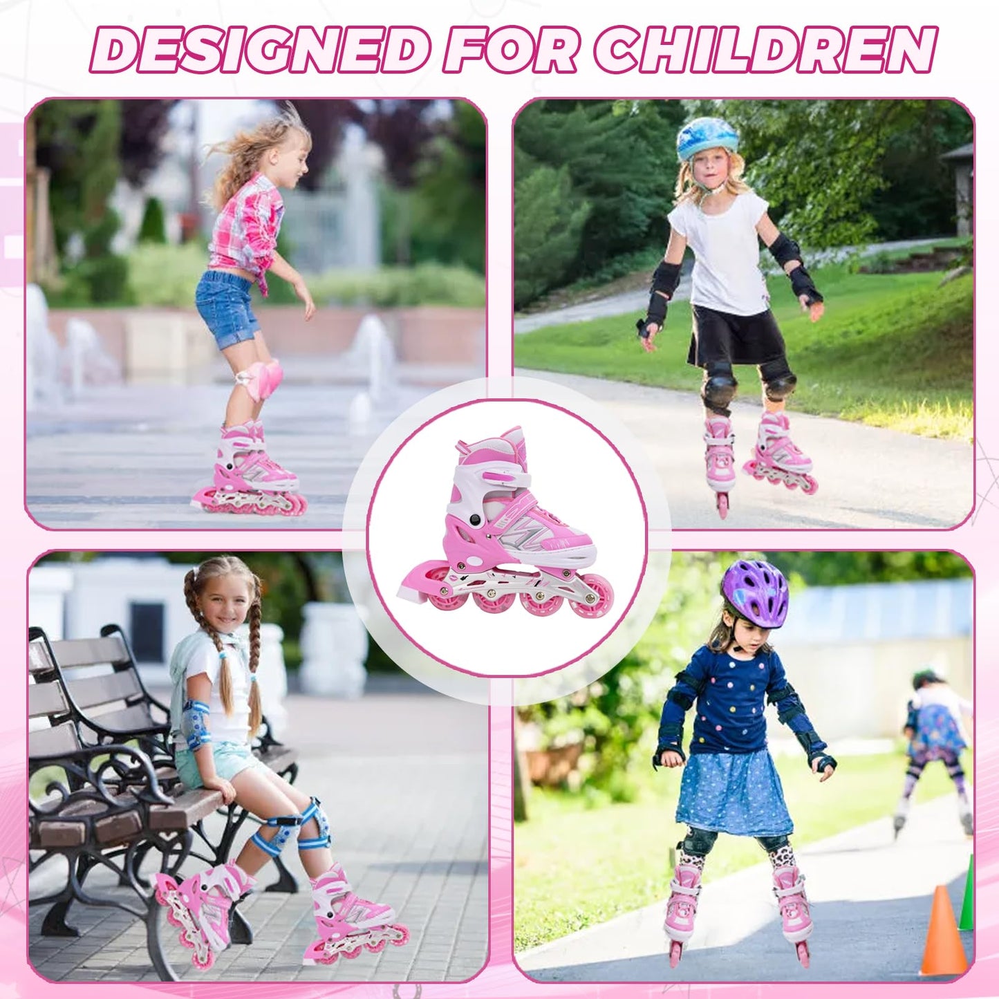 Adjustable Inline Skates for Kids Girls Children Beginners, Pink Inline Roller Skates with Light Up Wheels for Kids and Youth for Sports (Small)