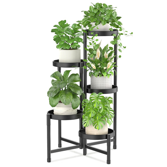 5 Tier Metal Plant Stand for Indoor Outdoor, iDavosic.ly Foldable Corner Tall Plant Shelf for Multiple Plants, Rustproof Flower Pot Holder Display Stand for Living Room Balcony Garden Patio (Black)