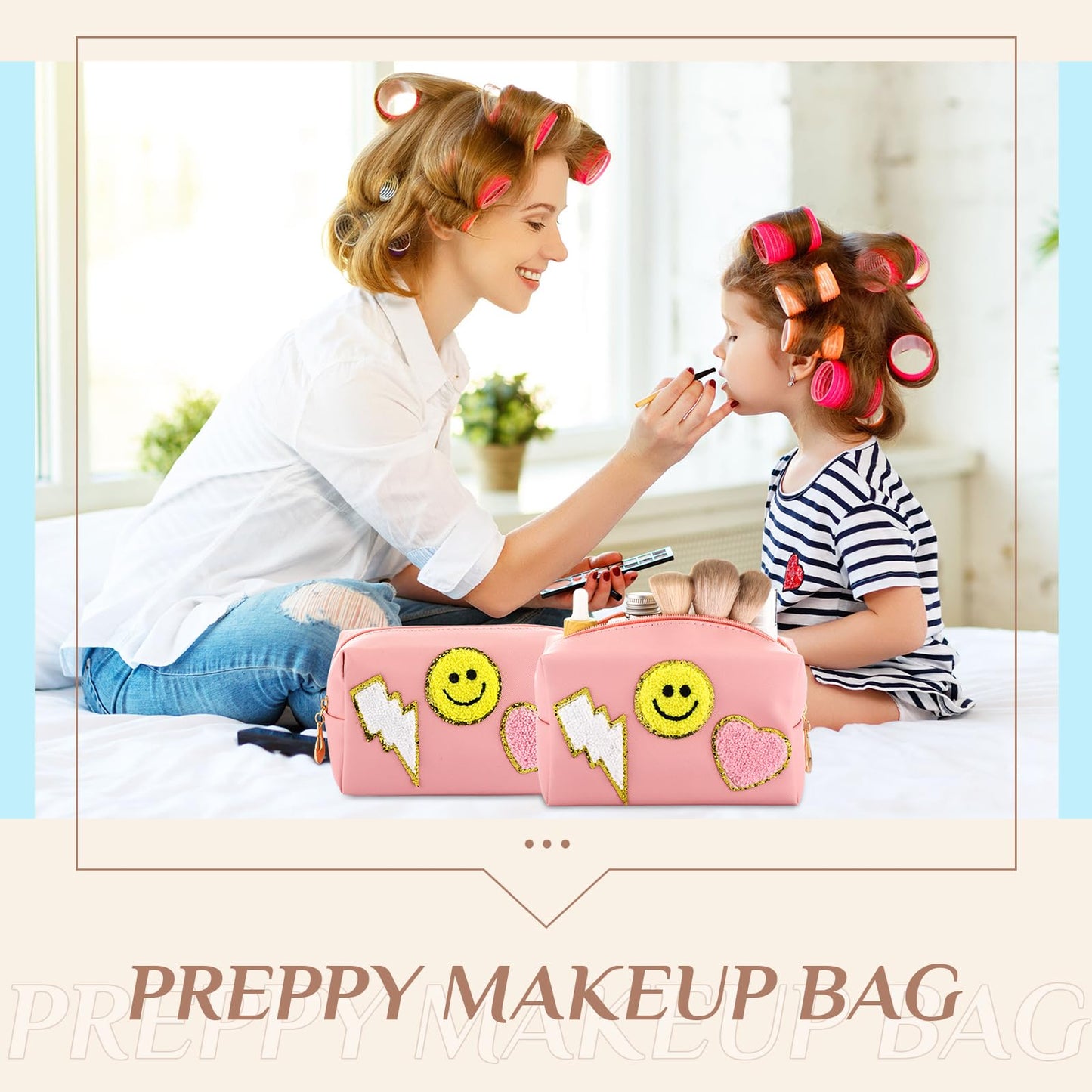 Silkfly 15 Pcs Preppy Patch Makeup Bag Bulk End of The Year Teacher Gifts Bulk Cosmetic Toiletry Bag Smile Lightning Heart PU Leather Portable Waterproof Makeup Cosmetic Purse for Women(Pink)