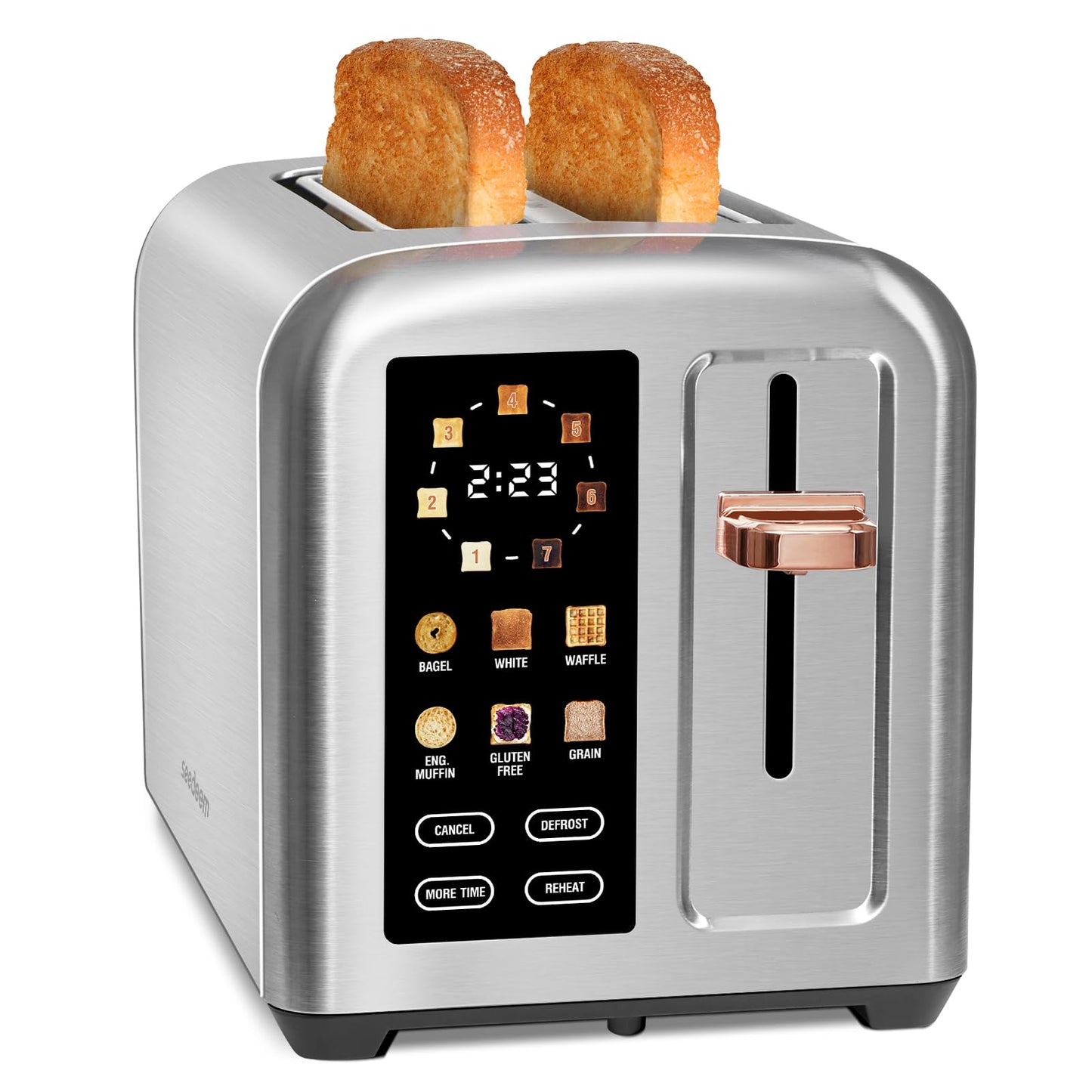 SEEDEEM Toaster 2 Slice, Touch Control Stainless Toaster LCD Display, 50% Faster Heating Speed, 1.4'' Wide Slots, More Timer Functions, Removable Crumb Tray, 1350W, Silver Metallic