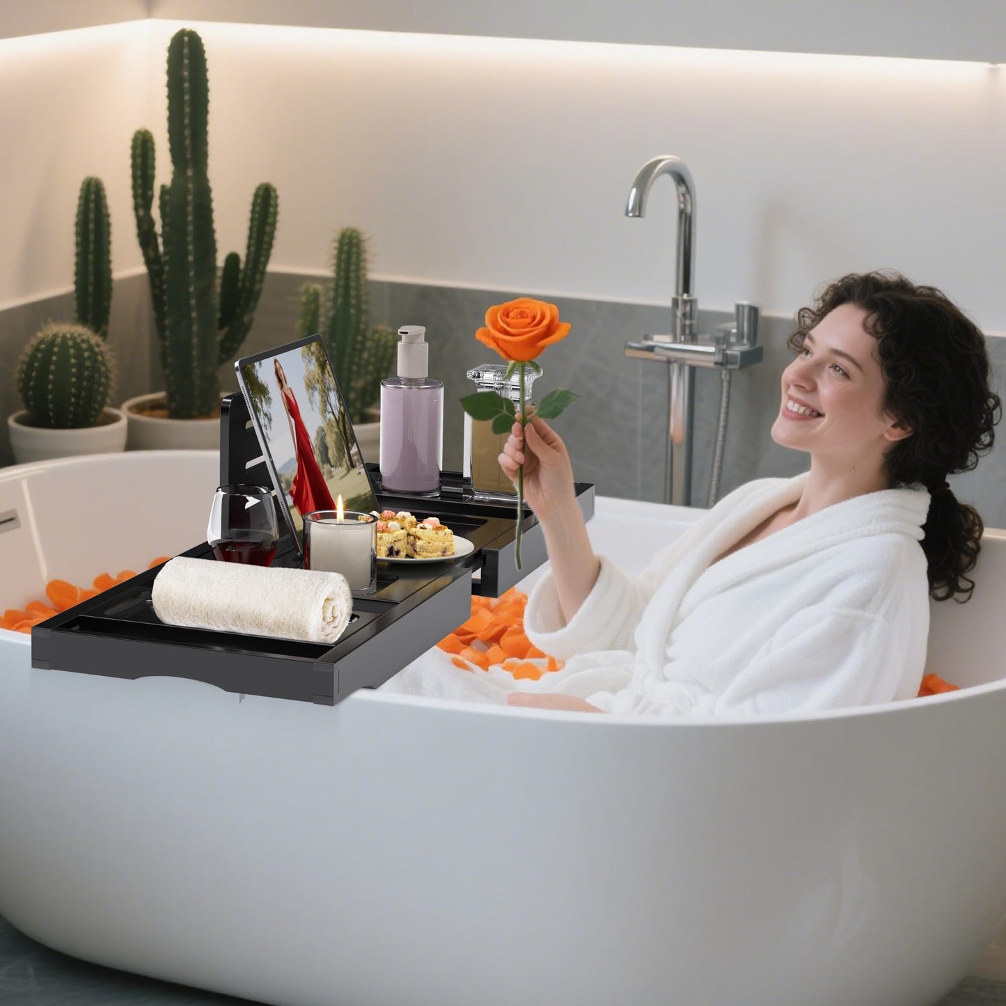 Bathtub Tray Caddy,Premium Bamboo Expandable Bath Tub Trays Table, Foldable Bathroom Accessories,Great House Warming, Anniversary and Birthday Gifts,Black