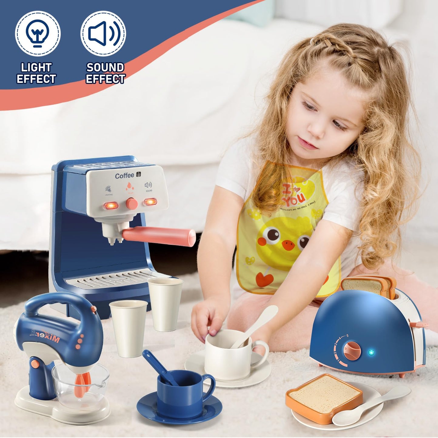 Blue Kids Assorted Kitchen Appliance Play Toys Includes Coffee Maker ,Blender,Fruit Machine and Toaster ,Apron and Cups,with Realistic Lights& Sounds,Learning Gift for Toddlers Baby Girls Boys