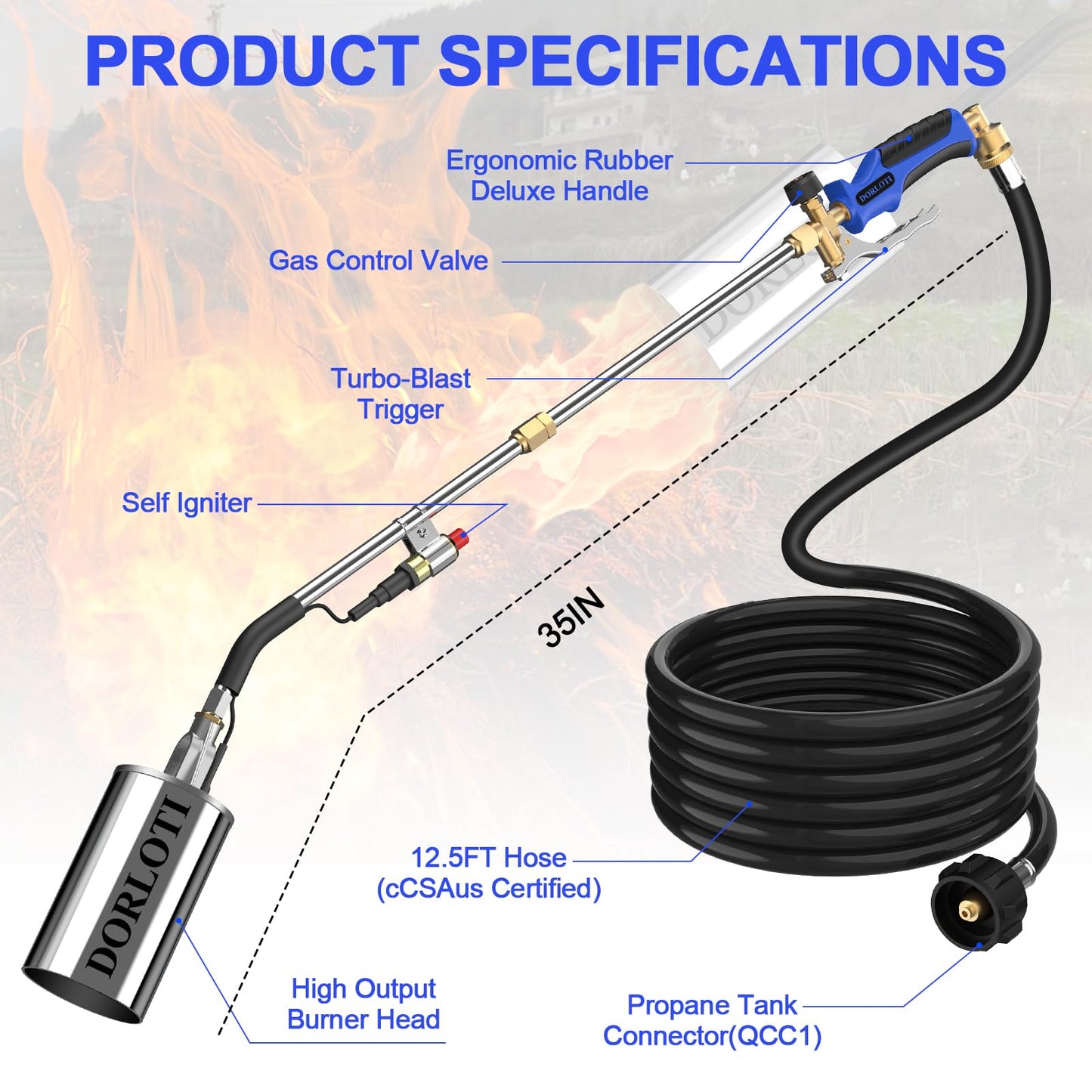 Propane Torch Weed Burner Kit, High Output with Long/Short Mode,12.5FT Hose Heavy Duty Blow Torch Flamethrower with Self Igniter and Turbo Trigger for Weeding,Roofing,BBQ(34.8")