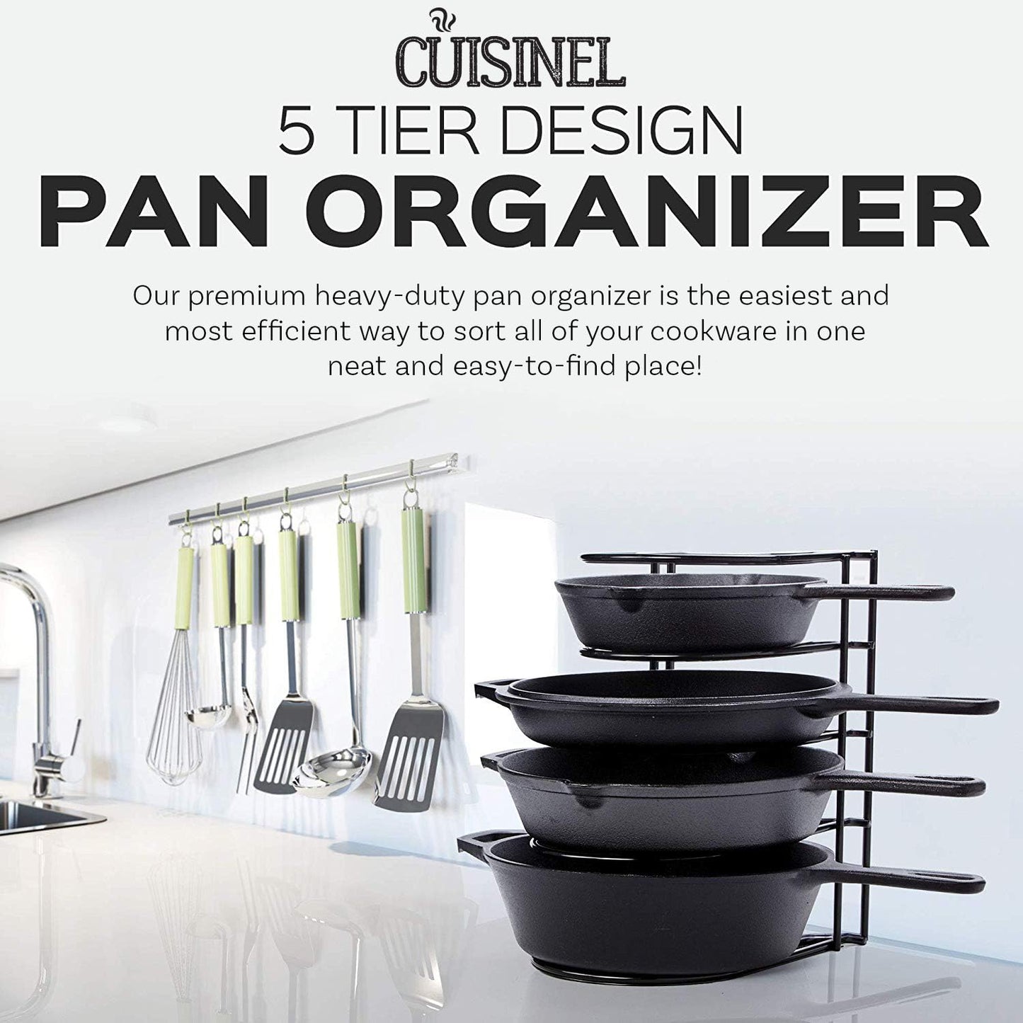 Heavy Duty Pan Organizer, 5 Tier Rack - Holds up to 50 LB - For Cast Iron Skillets, Griddles, Pots - Durable Steel Construction - Space Saving Kitchen Storage - No Assembly Required - Black 12.2-Inch
