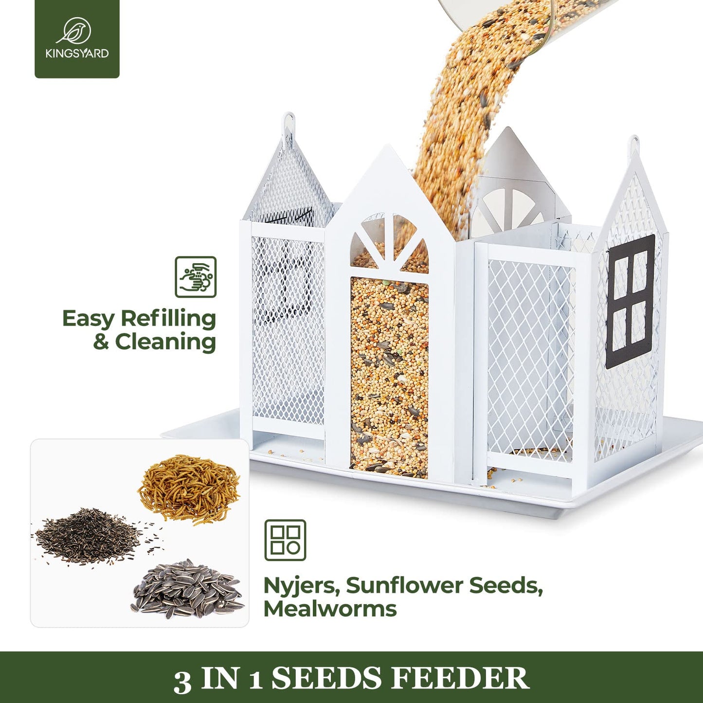 Kingsyard Bird Feeder House for Outside, Metal Mesh Wild Bird Feeder with Triple Feeders for Finch Cardinal Chickadee, Large Capacity, Weatherproof and Durable, Black Roof