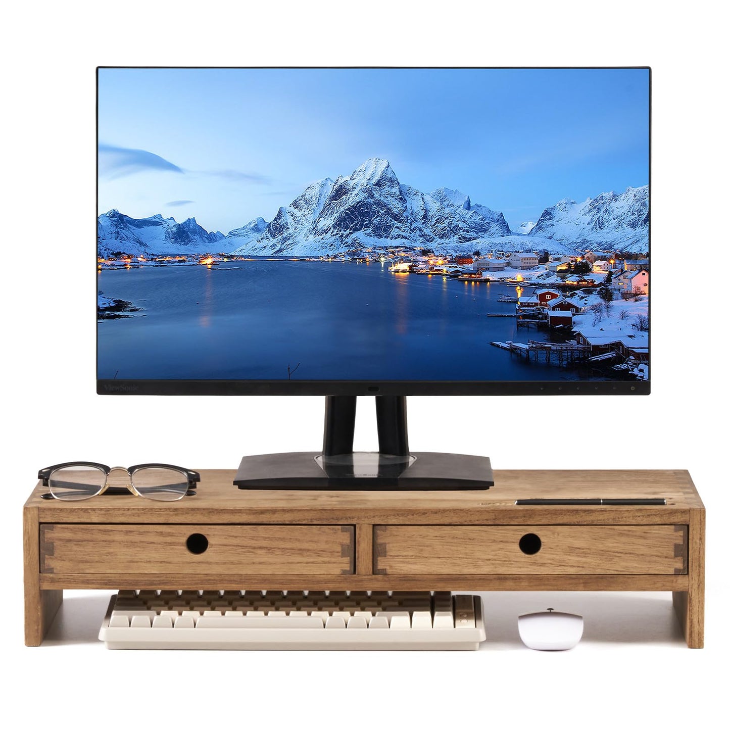 Kirigen Wood Monitor Stand with 2 Drawers - Computer Arm Riser Desk Storage Organizer,Speaker TV Laptop Printer Stand with Pen Slot and Cable Management,Dark Brown Desktop Shelf for Office DBR-2PMJ