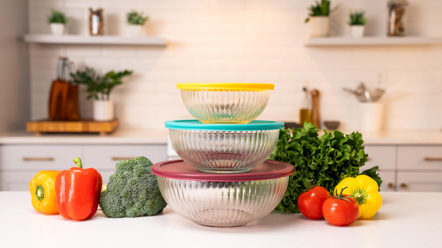 Ceywa Sculpted 3 Pack Glass Mixing Bowls (1.1 QT, 2.1 QT, 3.7 QT) – Borosilicate Glass Bowls with Airtight BPA-Free Lids, Nesting Bowls for Baking and Prepping Food, Oven, Freezer & Microwave Safe