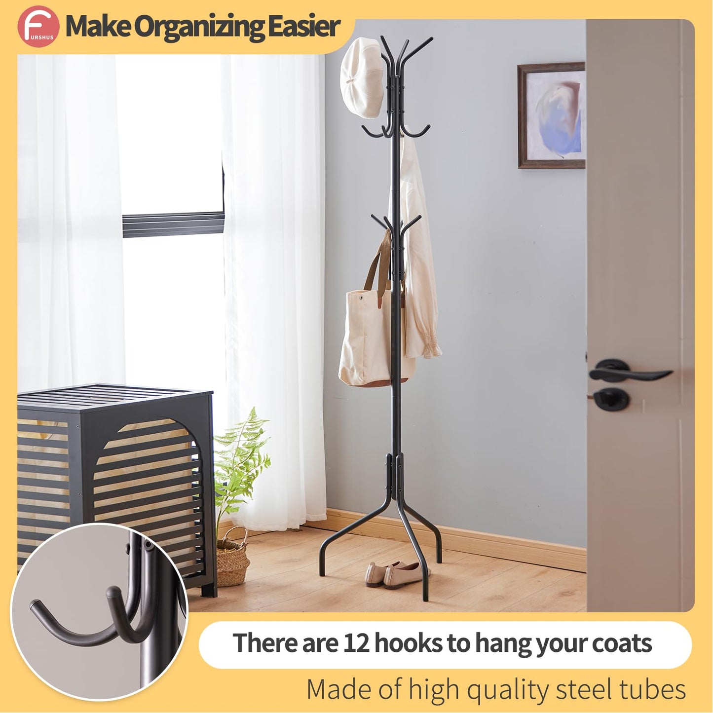Furshus Coat Rack Freestanding,hat and coat rack stand for entryway,Living Room,Bedroom,Metal coat tree with12 Hooks and 3 Legs (Black)