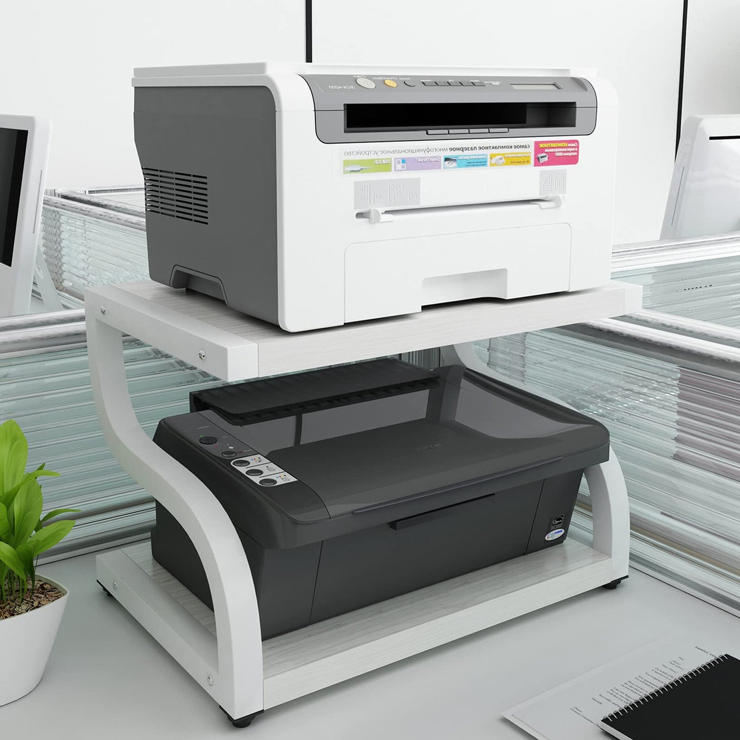 PUNCIA 2 Tier Wood Printer Stand with Storage Heavy Duty Desktop Shelf - Modern Minimalist Style Fits Laser Printers Copiers Fax Machines, Organizer for Home Office Dorm Small Spaces