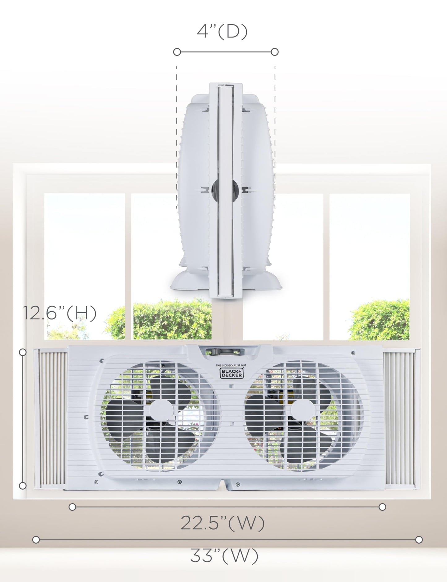 BLACK+DECKER 9" Dual Window Fan with 2 Speed Settings, Twin Fan Heads with Mechanical Dial Control, Removable Legs, For Sliding Windows up to 33” W with Accordion Expanders, BFW9M, White