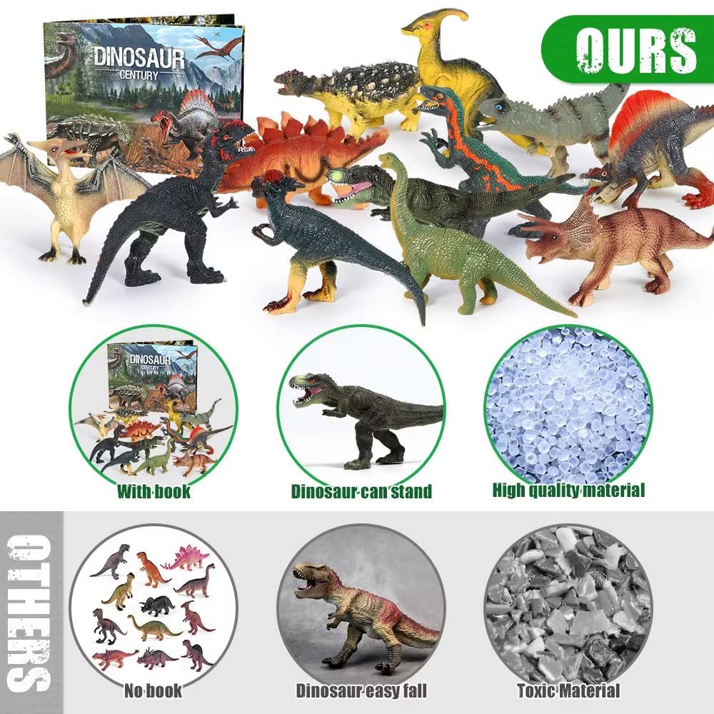 FRUSE Jurassic Dinosaur Toys,12 PCS Realistic Jumbo Dinosaur Figurines,Educational Dino Figure Playset w/Information Dino Book Easter Day Toy for Kids