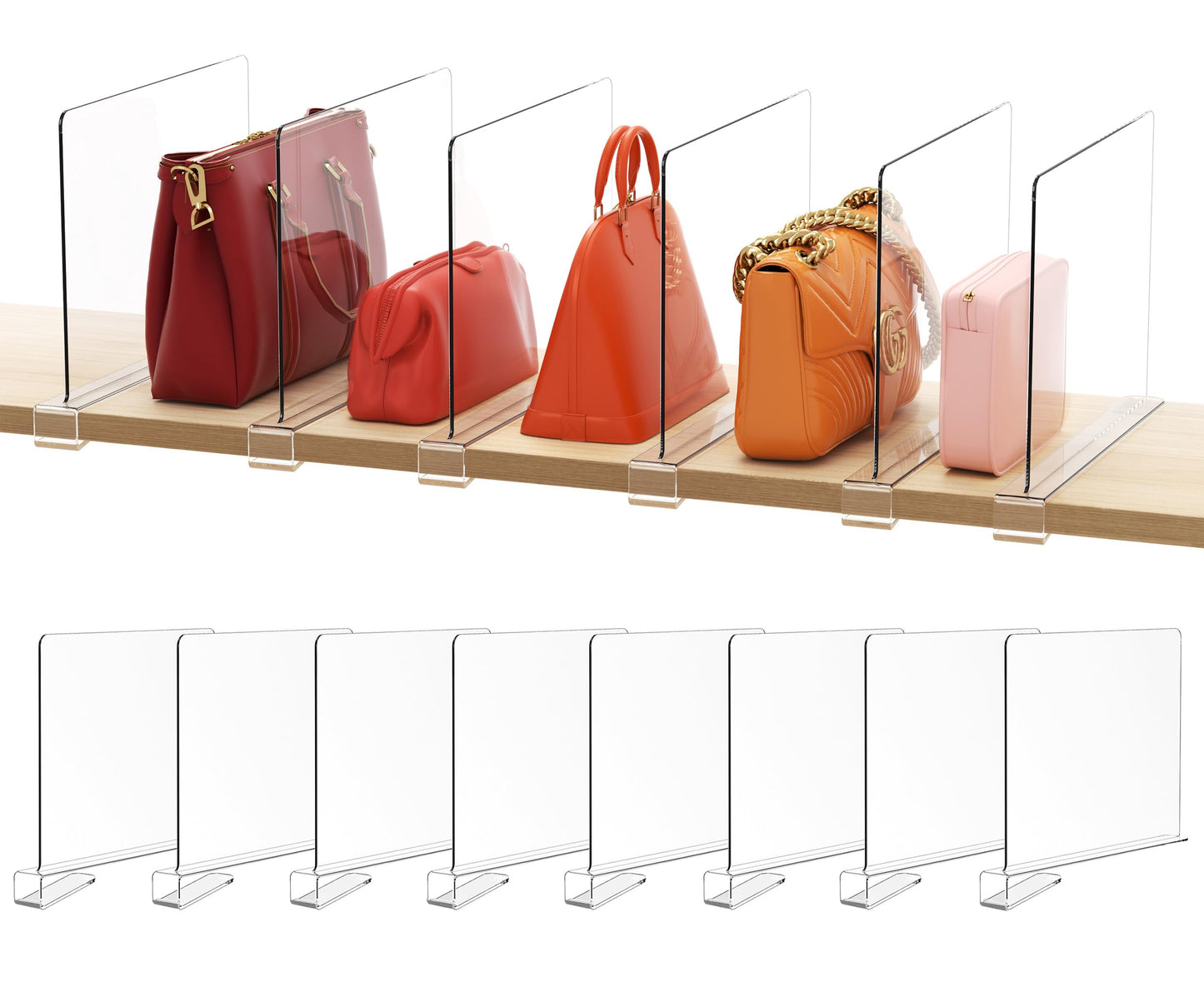 HBlife 8 Pack Clear Shelf Dividers, Vertical Purse Organizer for Closet Perfect for Sweater, Shirts, Handbags in Bedroom and Kitchen, Adjustable Acrylic Bookshelf for Organization