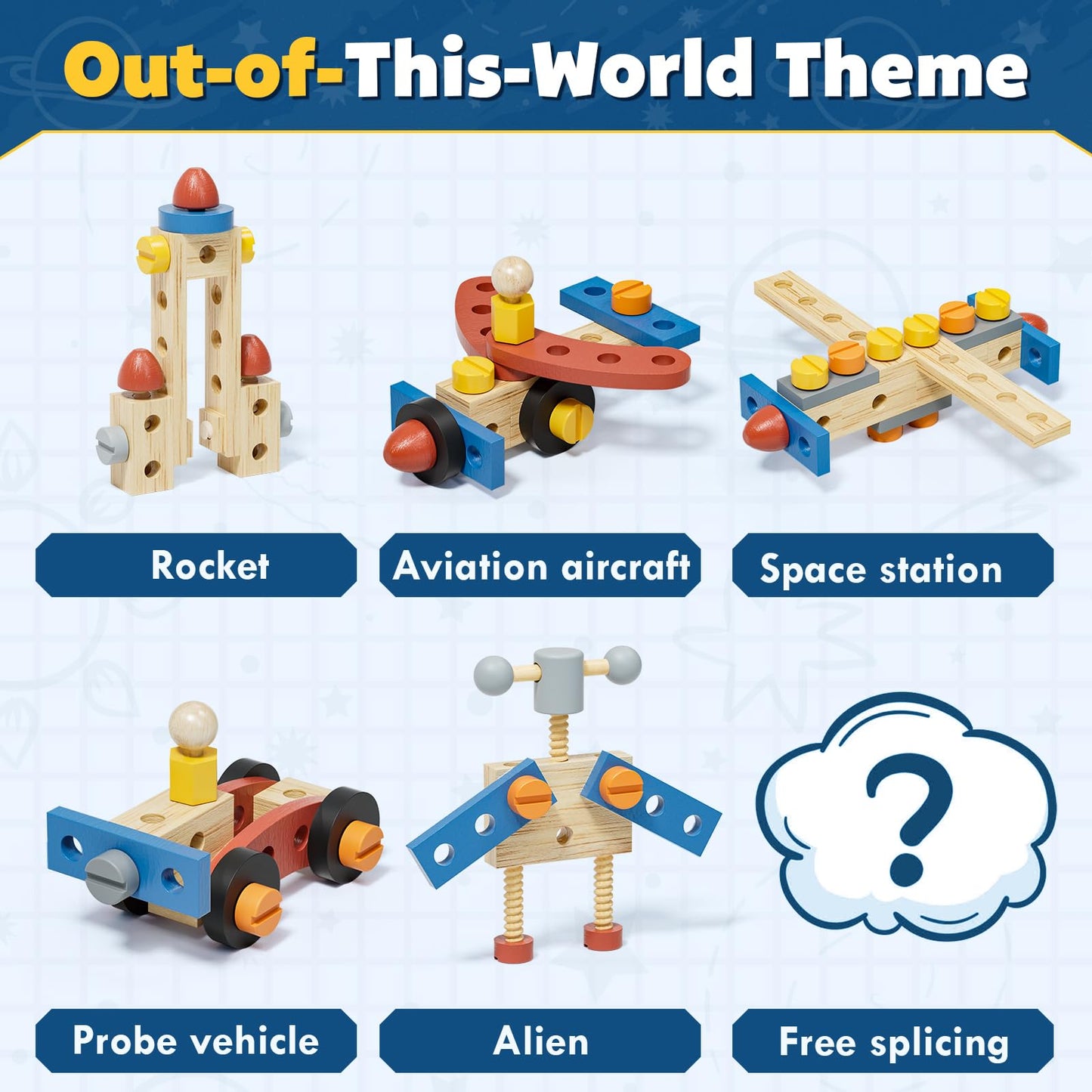 Wooden Kids Tool Set, 2 Year Old Boy Toys, Space Theme Construction Toys, Birthday