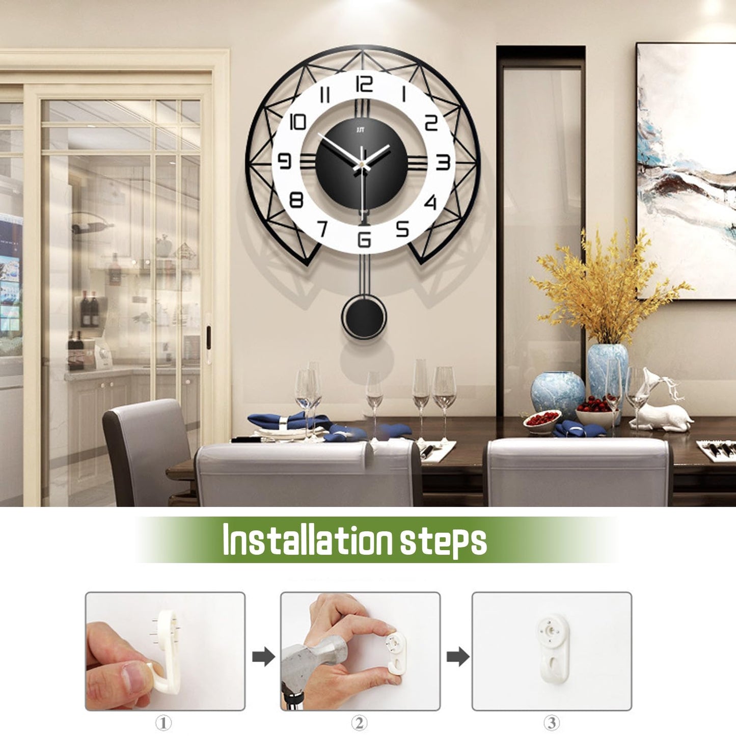 Large Pendulum Modern Wall Clock, Decor Big Silent Non Ticking Battery Operated 17 Inch Wall Clock for Living Room Bedroom Office Indoor Home Decorative